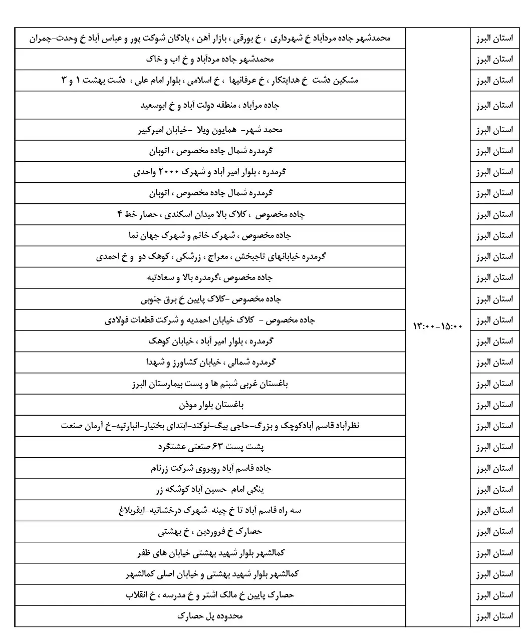 زمان قطعی برق و جدول خاموشی برق البرز و کرج 8 اسفند1403 (3)