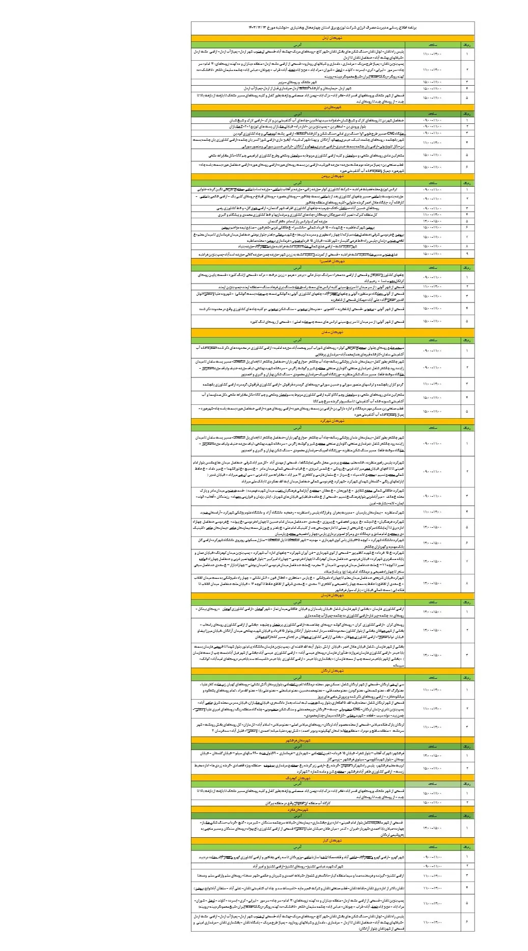 زمان قطعی برق و جدول خاموشی برق چهارمحال و بختیاری 13 اسفند1403
