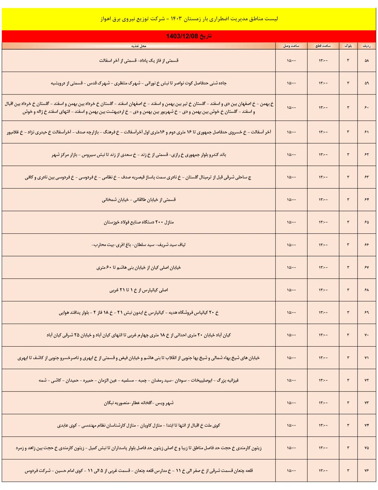 جدول خاموشی برق اهواز و زمان قطعی برق خوزستان 8اسفند1403 (4)