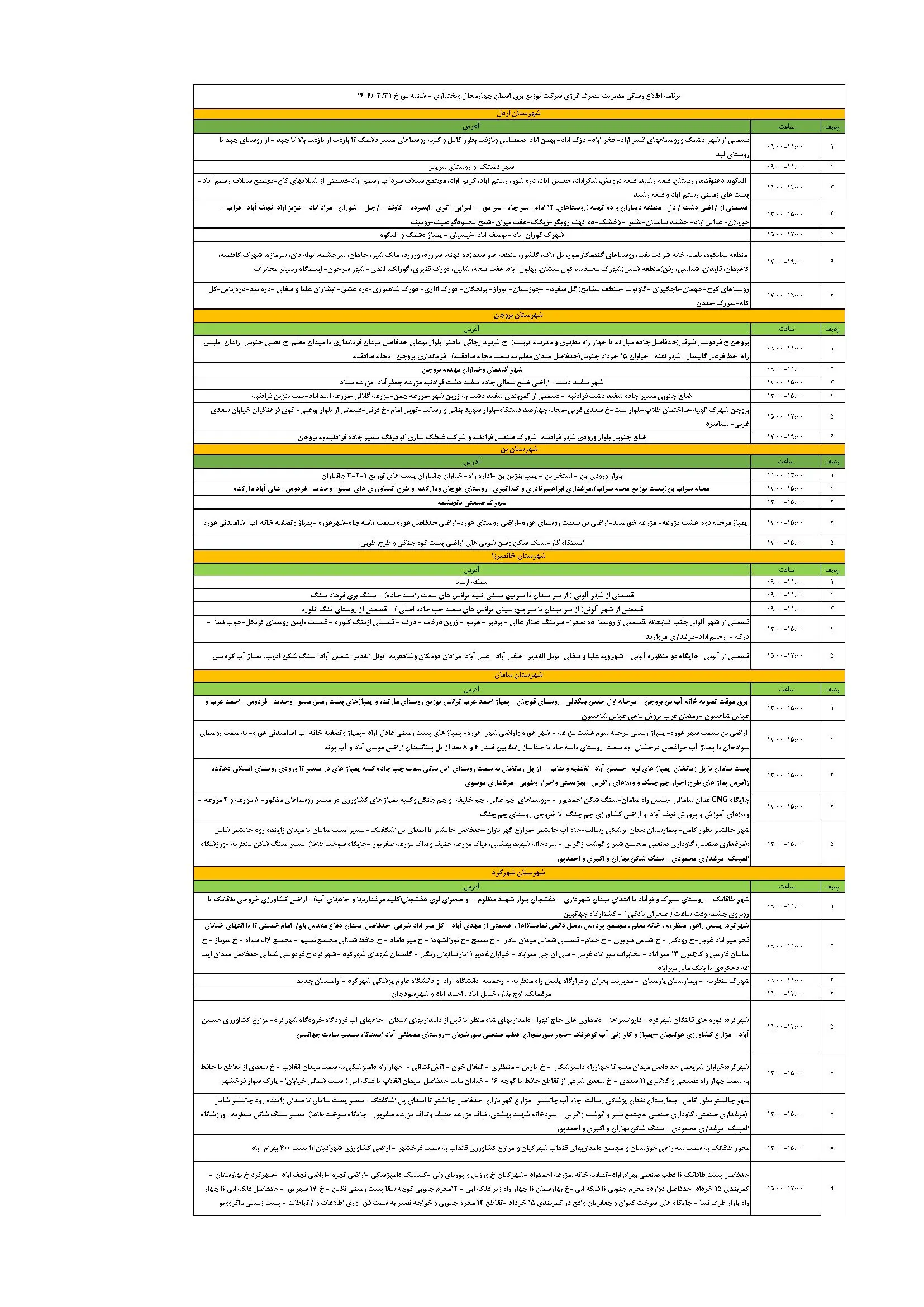 اطلاعیه فوری قطعی برق چهارمحال و بختیاری فردا شنبه ۳۱ خرداد ۱۴۰۴ به دلیل جنگ ایران و اسرائیل + برنامه خاموشی برق شهرهای استان چهارمحال و بختیاری ۳۱ خرداد ۱۴۰۴
