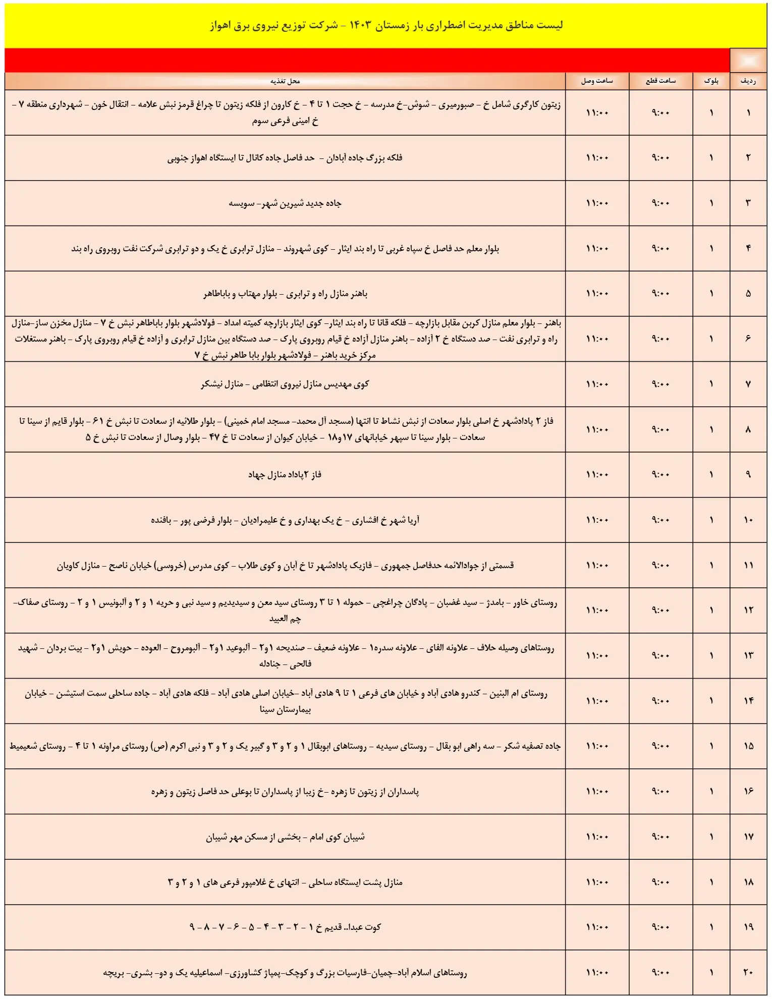 زمان قطعی برق اهواز12اسفند1403 و جدول خاموشی برق اهواز (1)