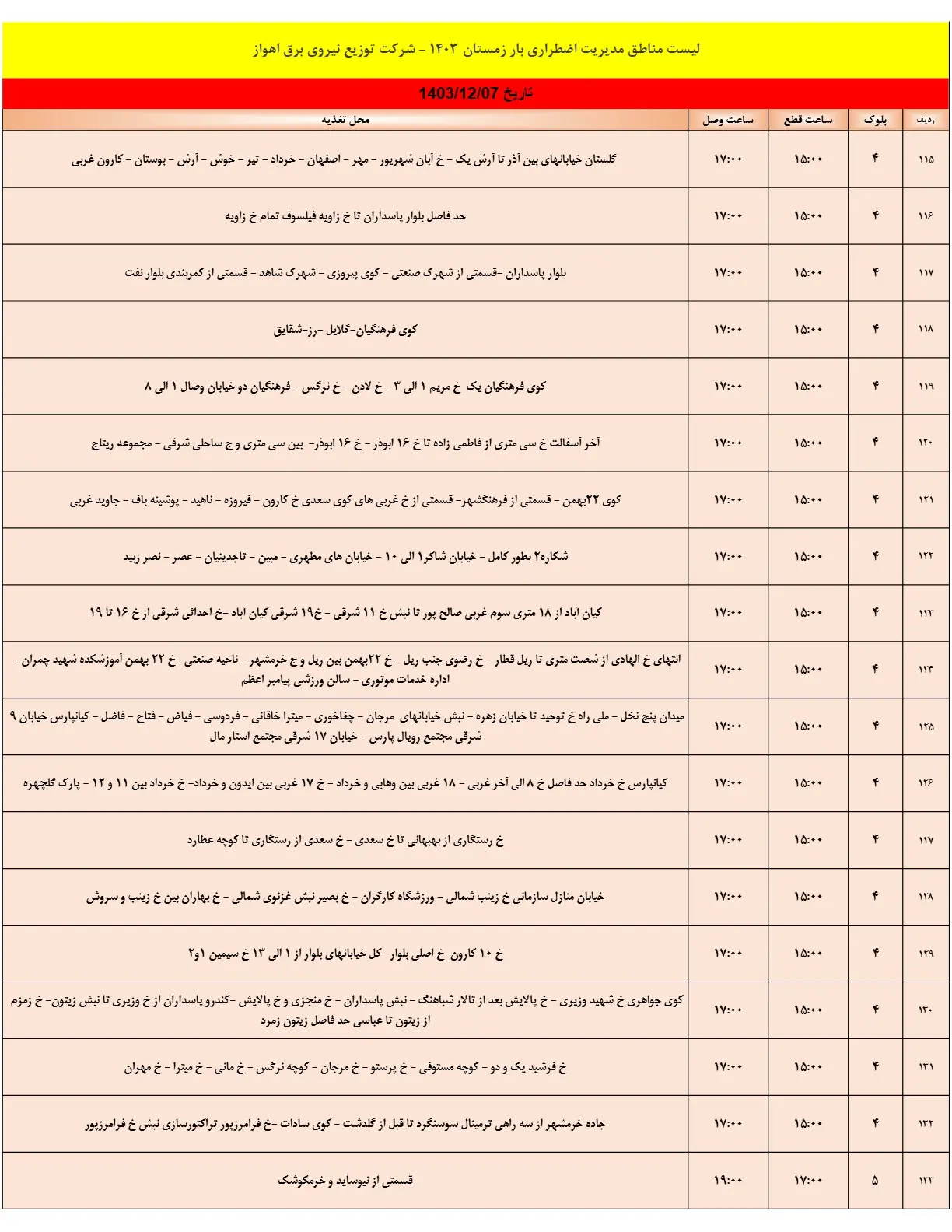 جدول خاموشی برق و قطعی برق اهواز سه شنبه7اسفند1403 (7)