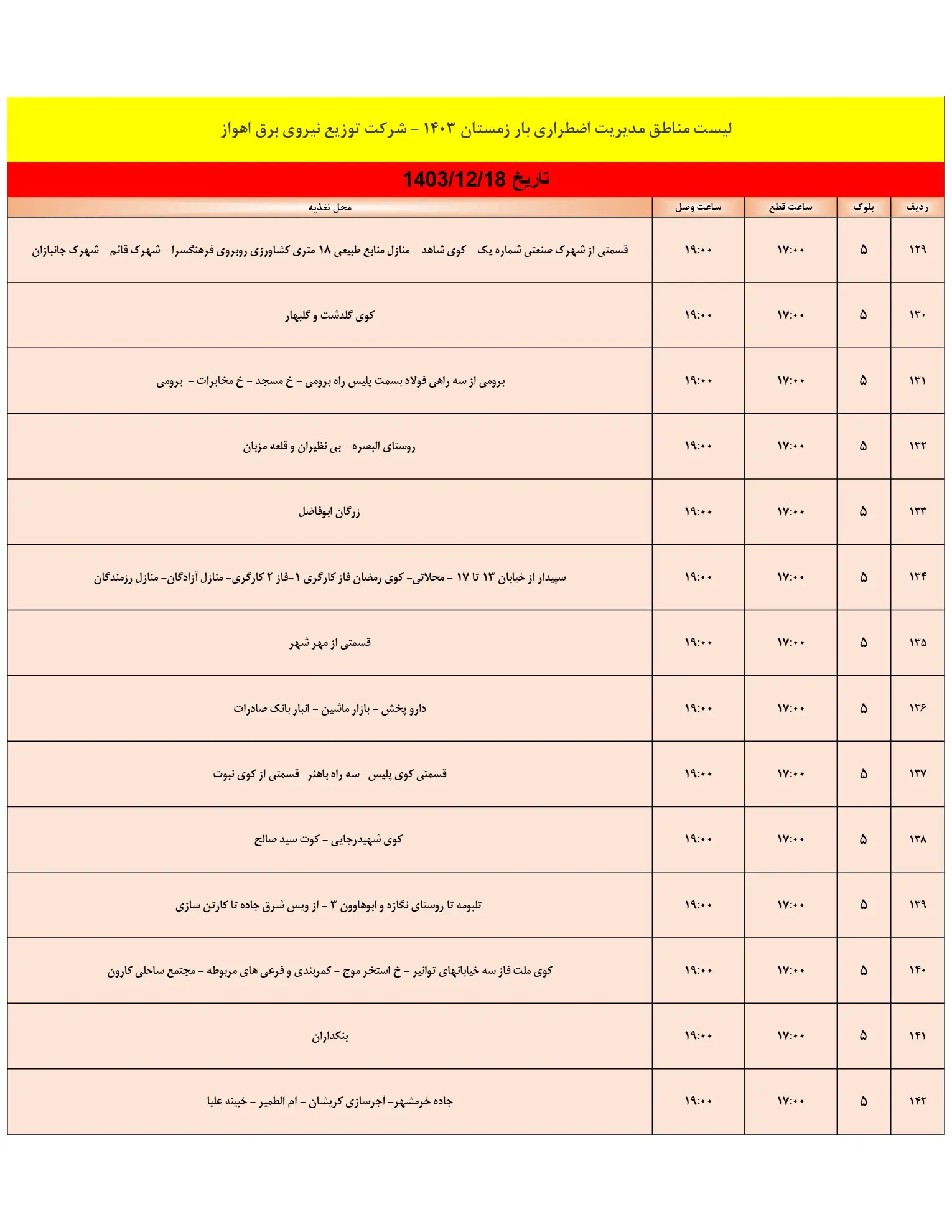 جدول خاموشی برق اهواز و زمان قطعی برق خوزستان شنبه18اسفند1403 (9)
