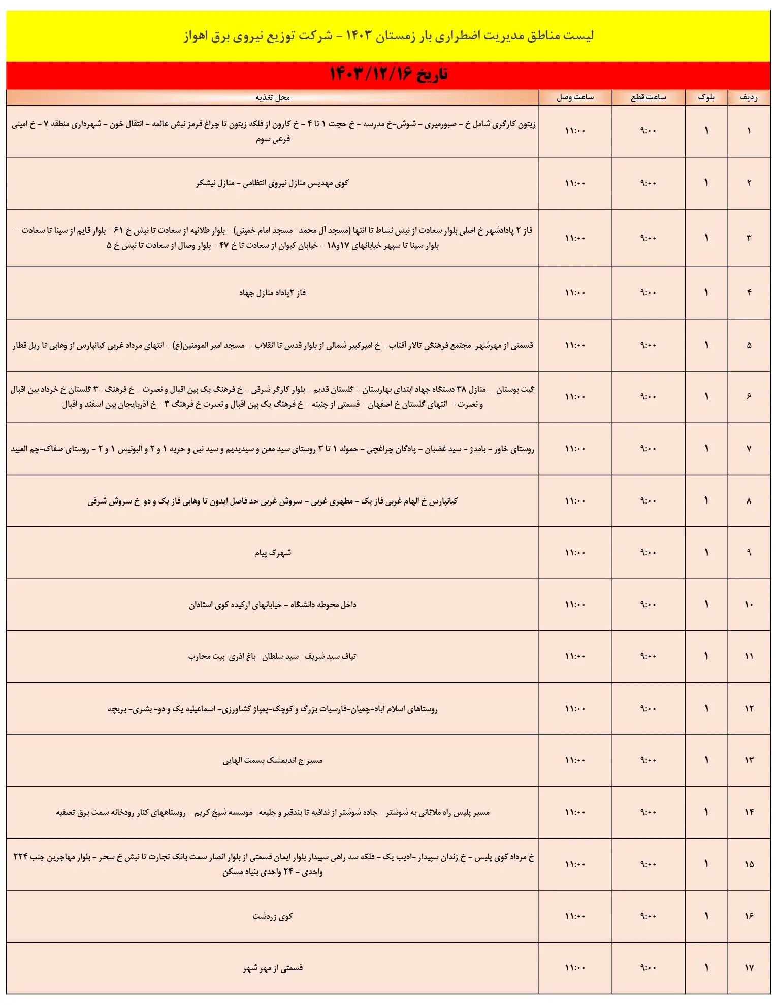 زمان قطعی برق اهواز16اسفند1403+جدول خاموشی برق (1)