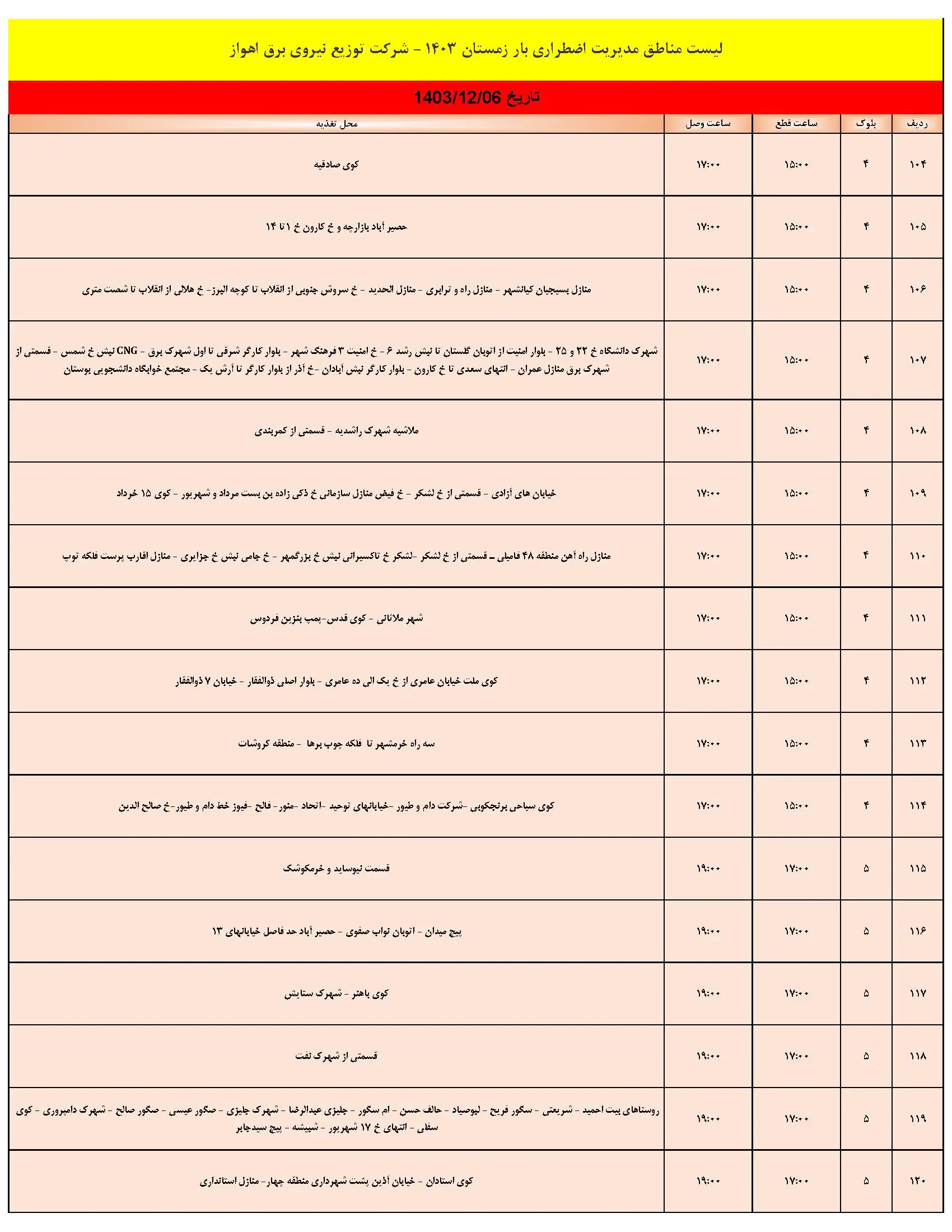 جدول قطعی برق اهواز و جدول خاموشی برق اهواز و خوزستان دوشنبه 6 اسفند 1403 (7)
