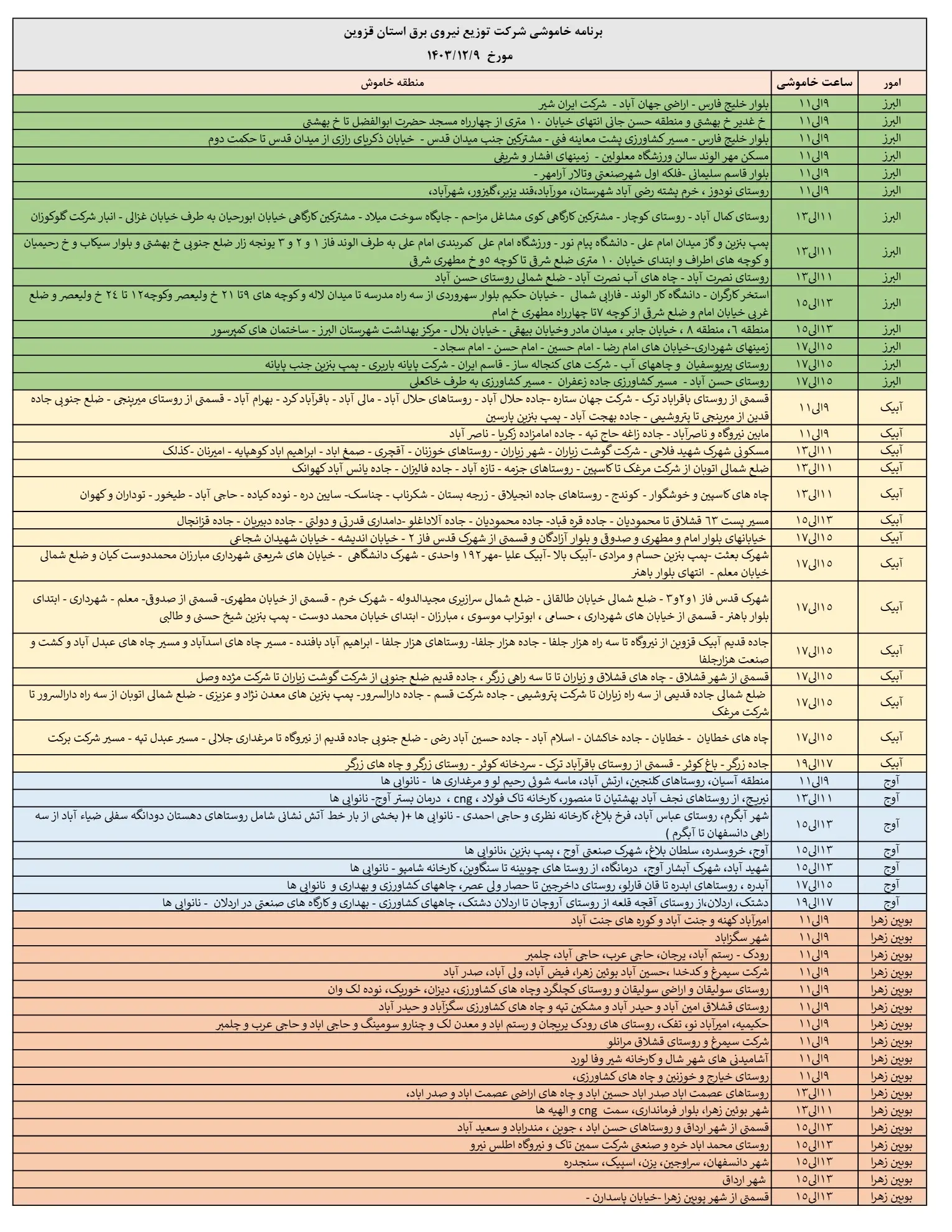 جدول خاموشی برق و برنامه قطعی برق قزوین9اسفند1403 (1)