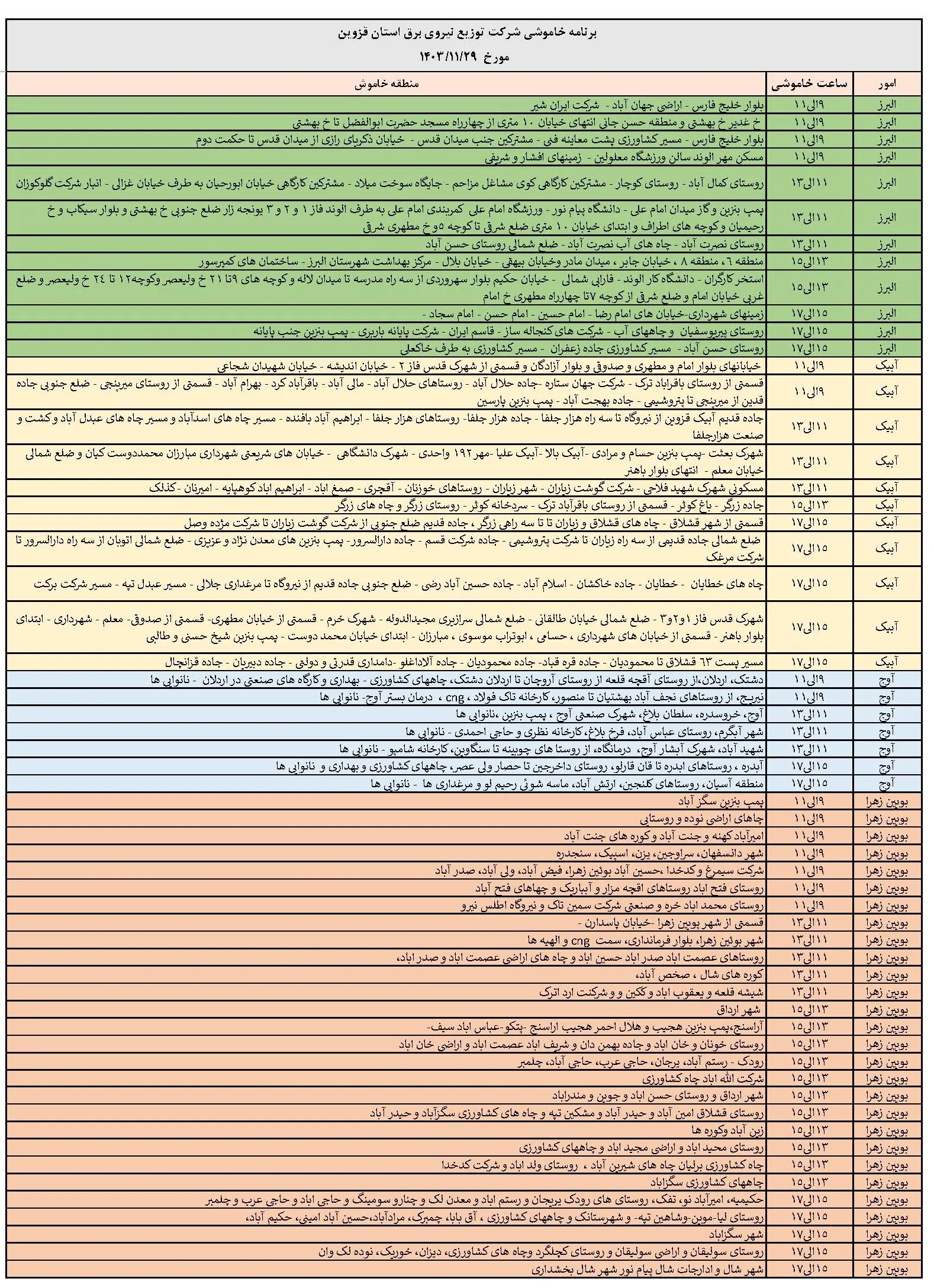 برنامه قطعی برق قزوین و جدول خاموشی برق قزوین دوشنبه 29 بهمن 1403 (1)