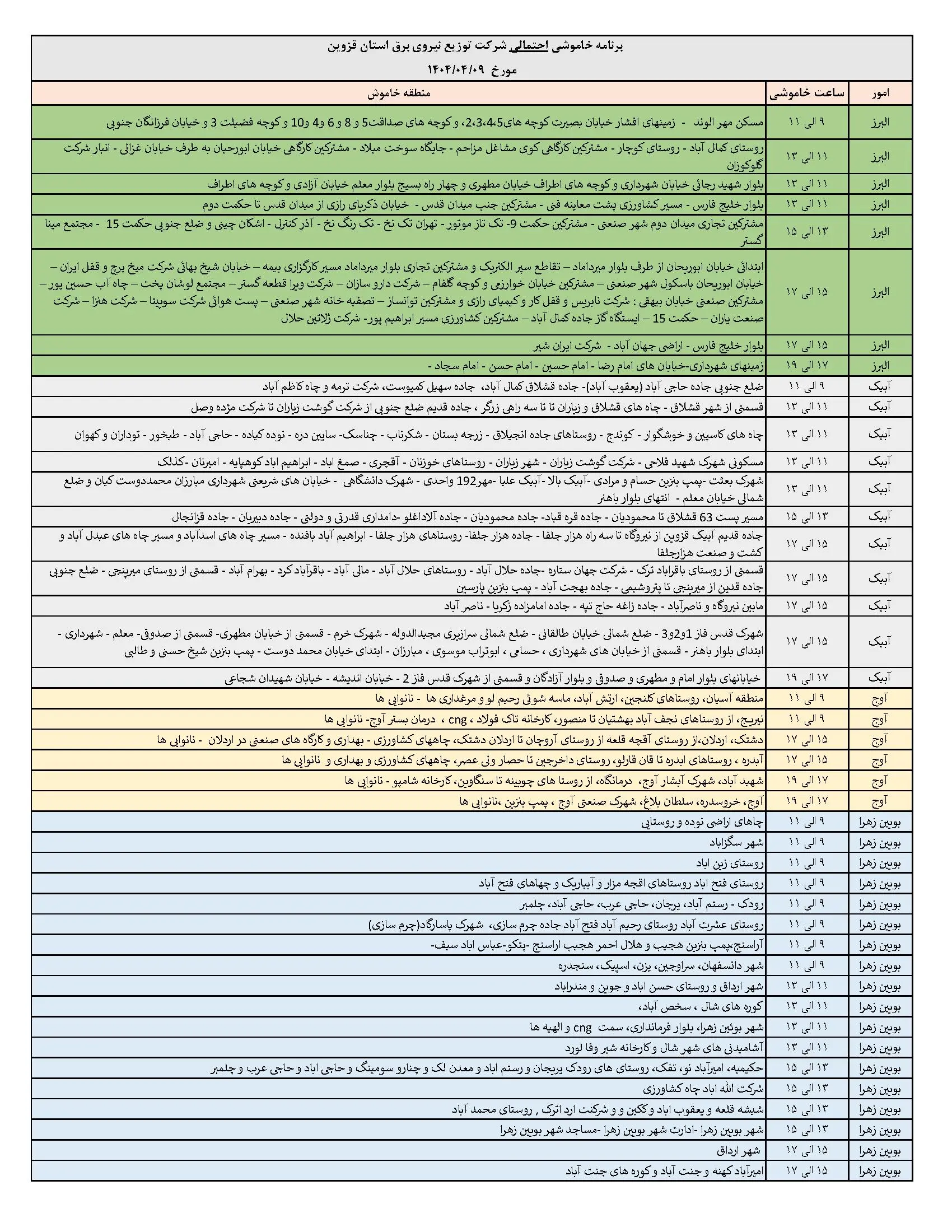 ساعات قطعی برق قزوین دوشنبه ۹ تیر ۱۴۰۴ + برنامه زمان‌بندی خاموشی برق استان قزوین به تفکیک مناطق دوشنبه ۹ تیر ۱۴۰۴