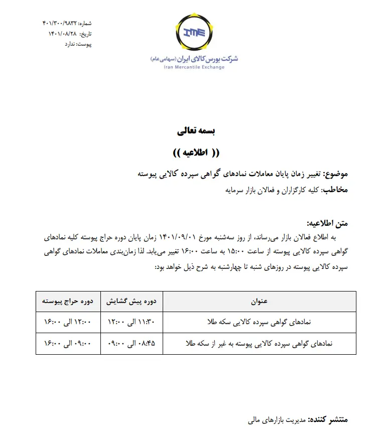 زمان معاملات بازارهای مالی و مشتقه بورس کالا تغییر کرد