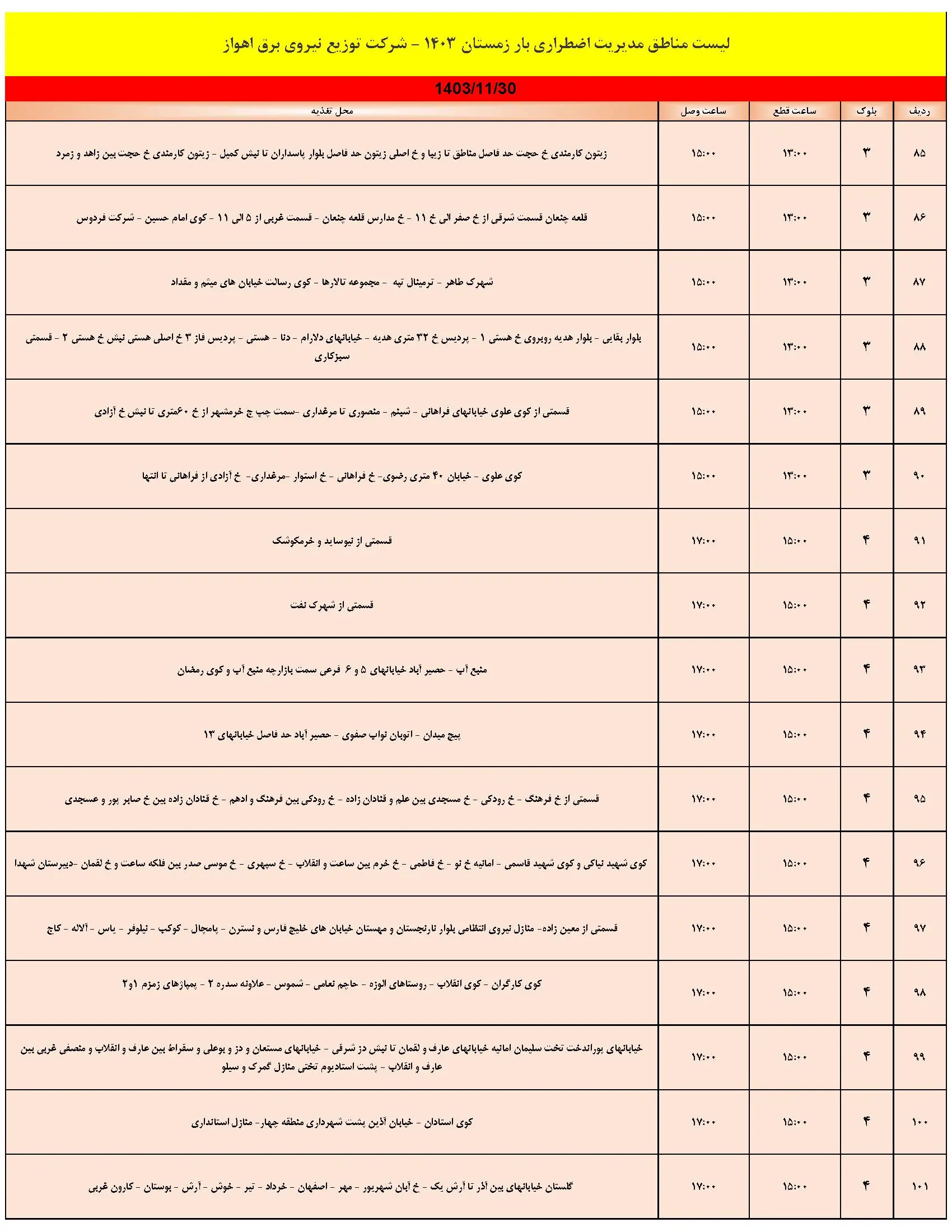 برنامه قطعی برق اهواز و جدول خاموشی برق اهواز سه شنبه 30 بهمن 1403 (6)
