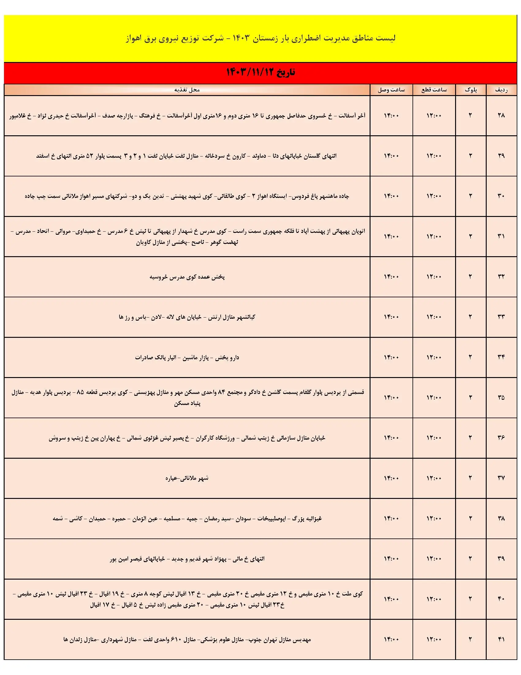 جدول خاموشی برق اهواز و قطعی برق خوزستان جمعه 12 بهمن ماه 1403 (3)
