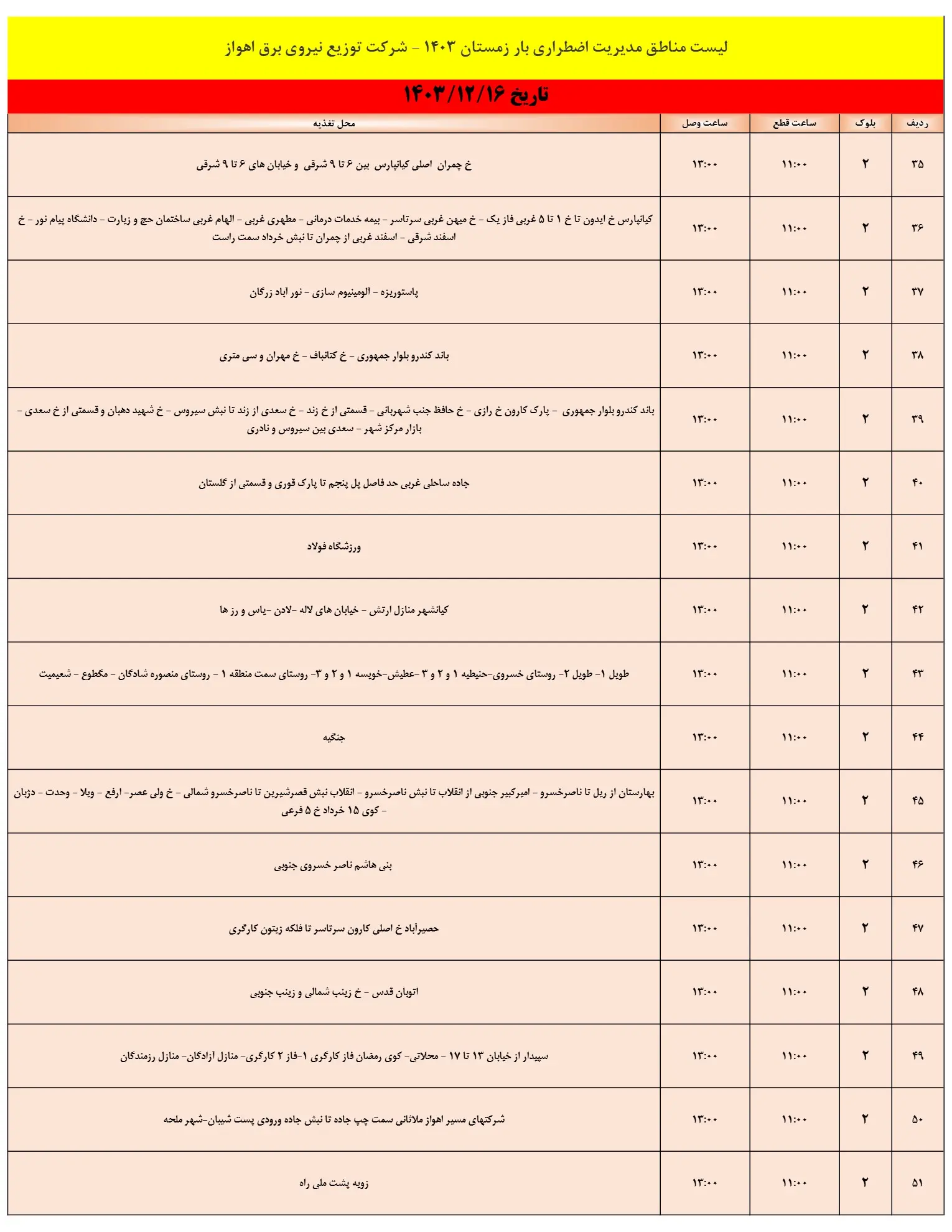 زمان قطعی برق اهواز16اسفند1403+جدول خاموشی برق (3)