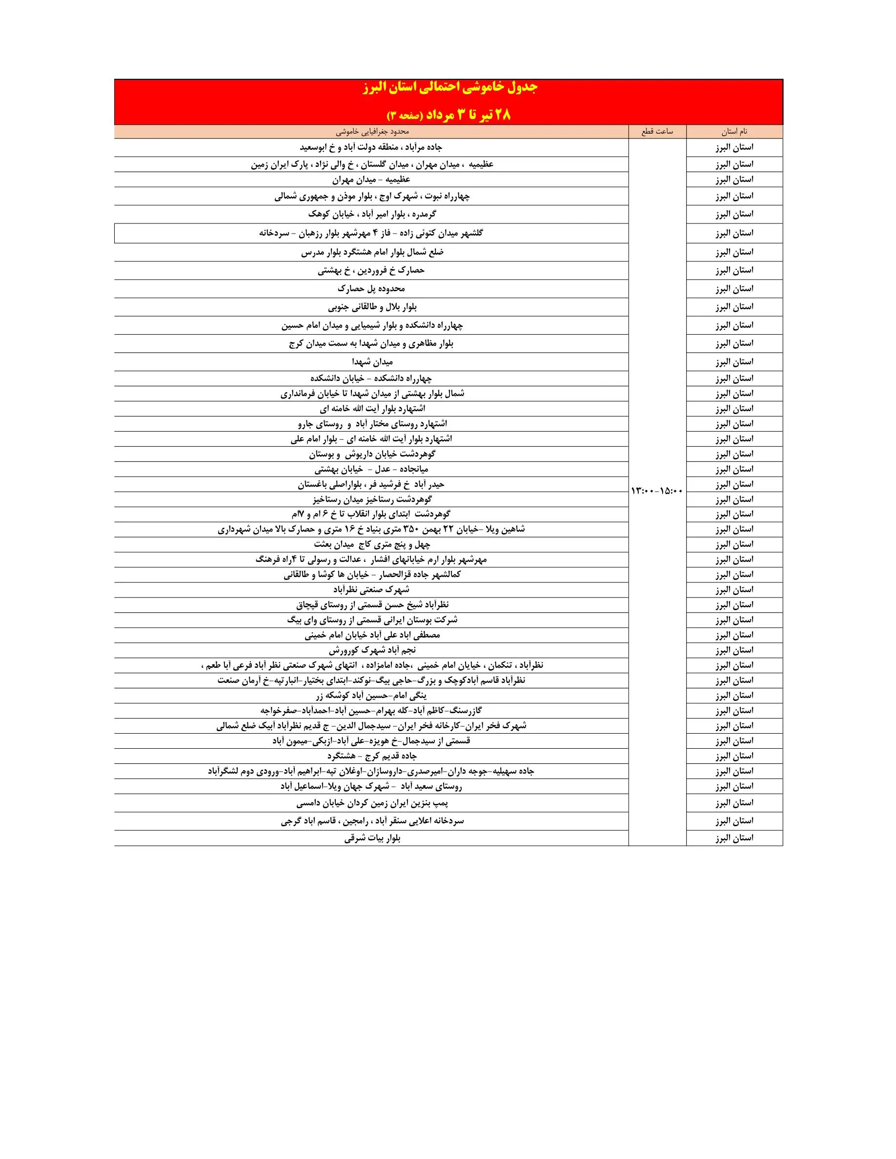 جدول خاموشی البرز ۲۹ تیر ۱۴۰۴