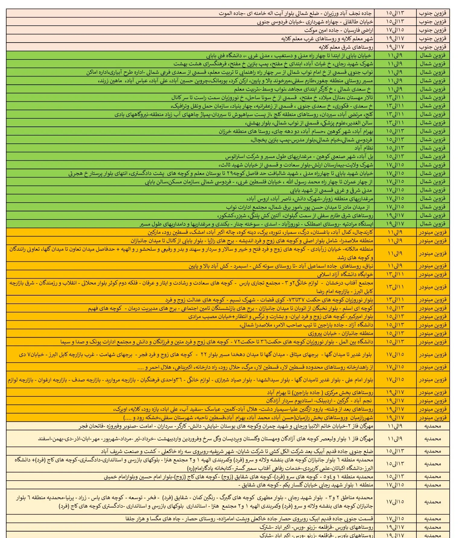 زمان قطعی برق قزوین10اسفند1403 و جدول خاموشی برق قزوین (3)