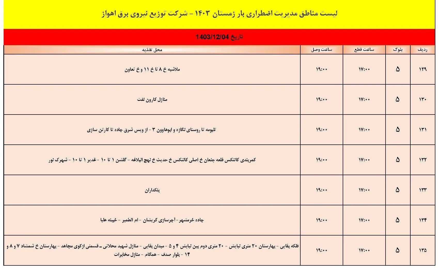 برنامه قطعی برق اهواز شنبه 4 اسفند1403 و جدول خاموشی برق اهواز (9)