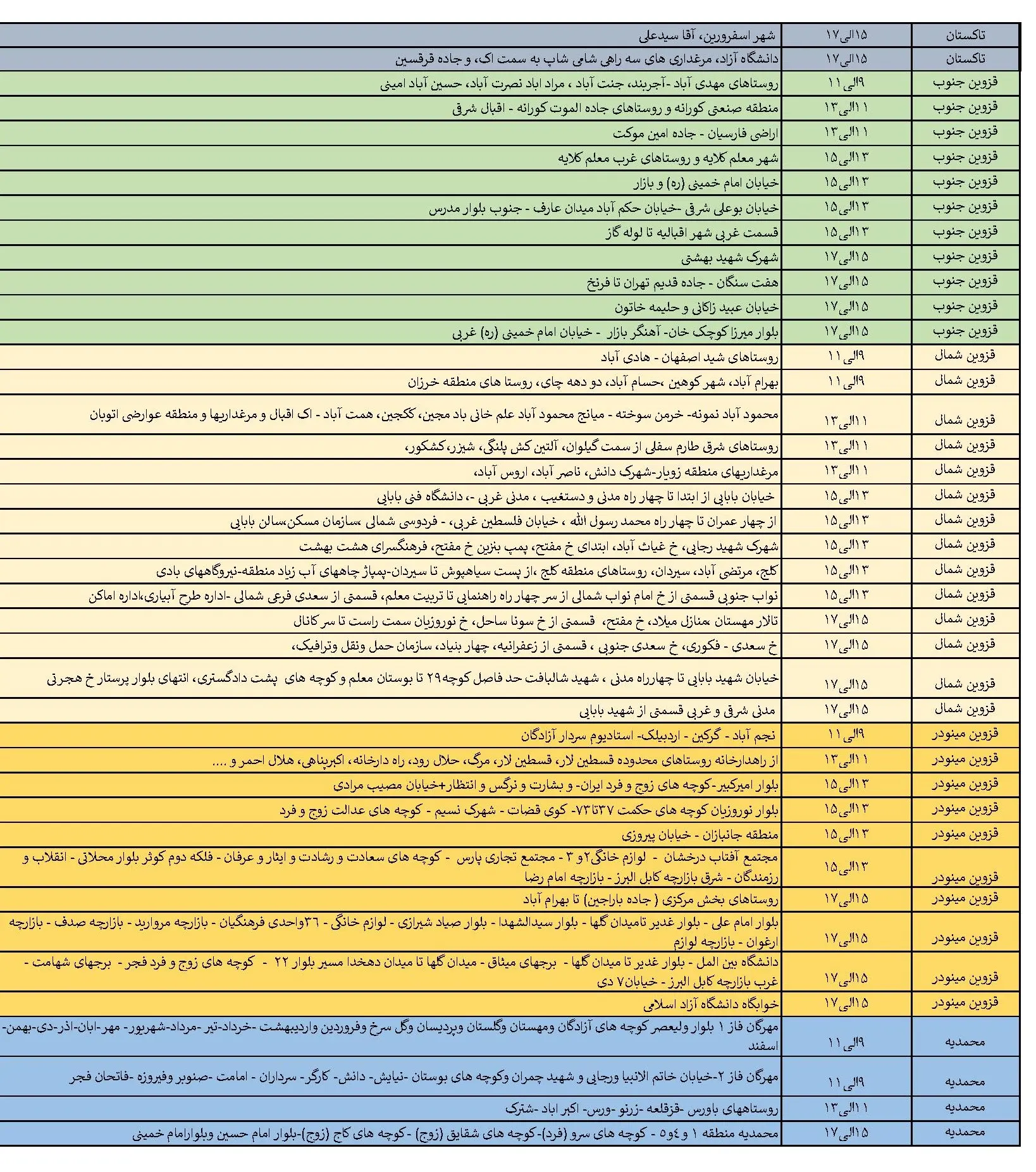 جدول خاموشی برق قزوین شنبه 20 بهمن و برنامه قطعی برق قزوین