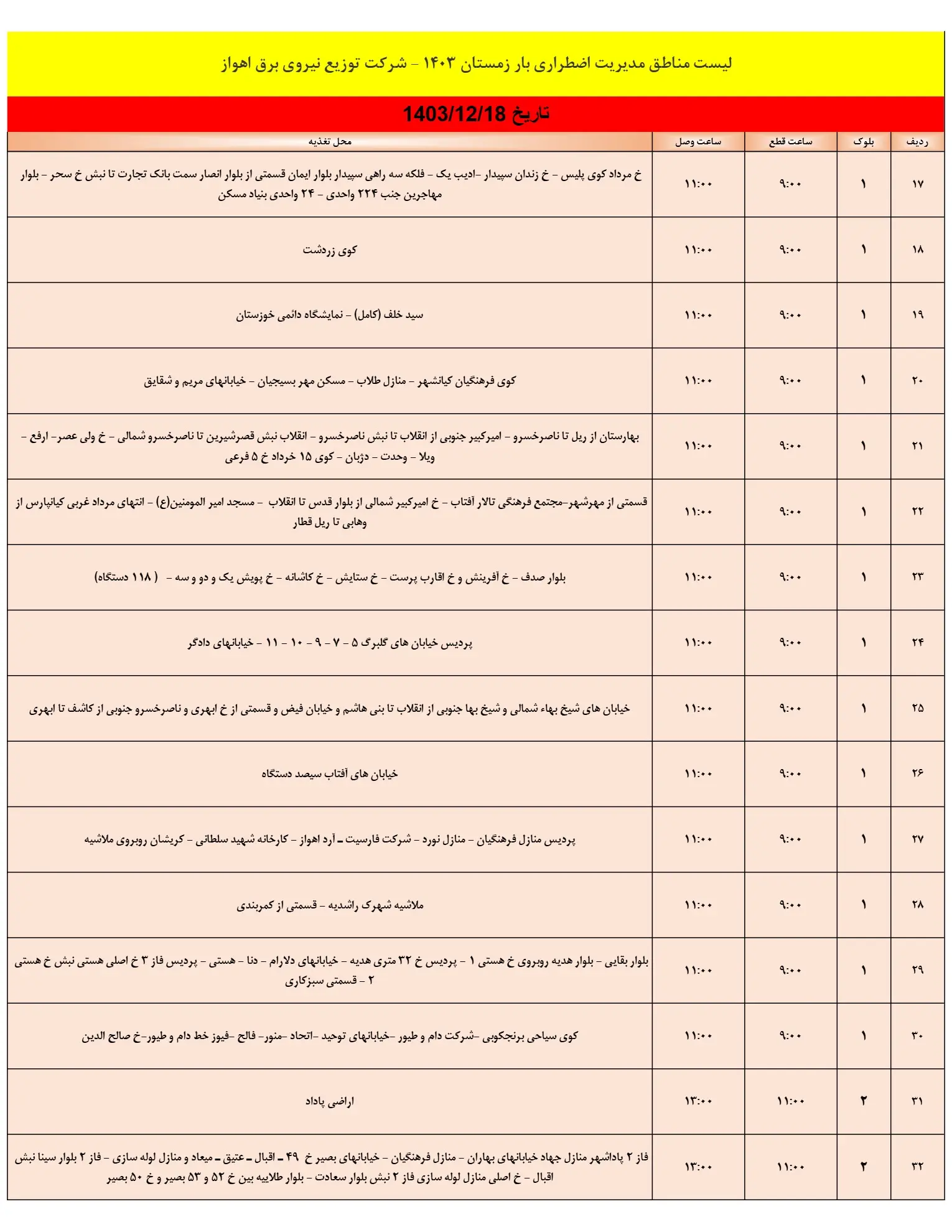 جدول خاموشی برق اهواز و زمان قطعی برق خوزستان شنبه18اسفند1403 (2)