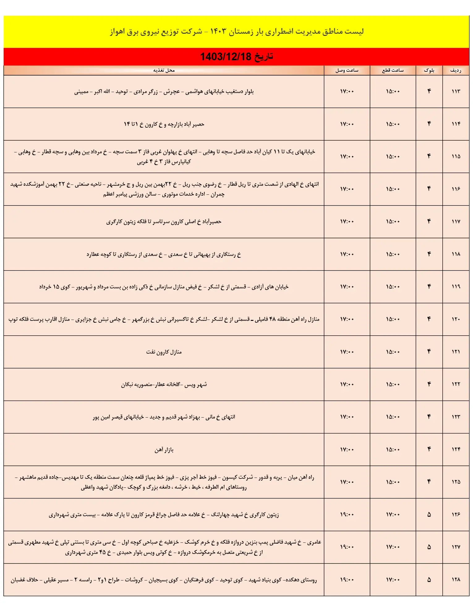 جدول خاموشی برق اهواز و زمان قطعی برق خوزستان شنبه18اسفند1403 (8)