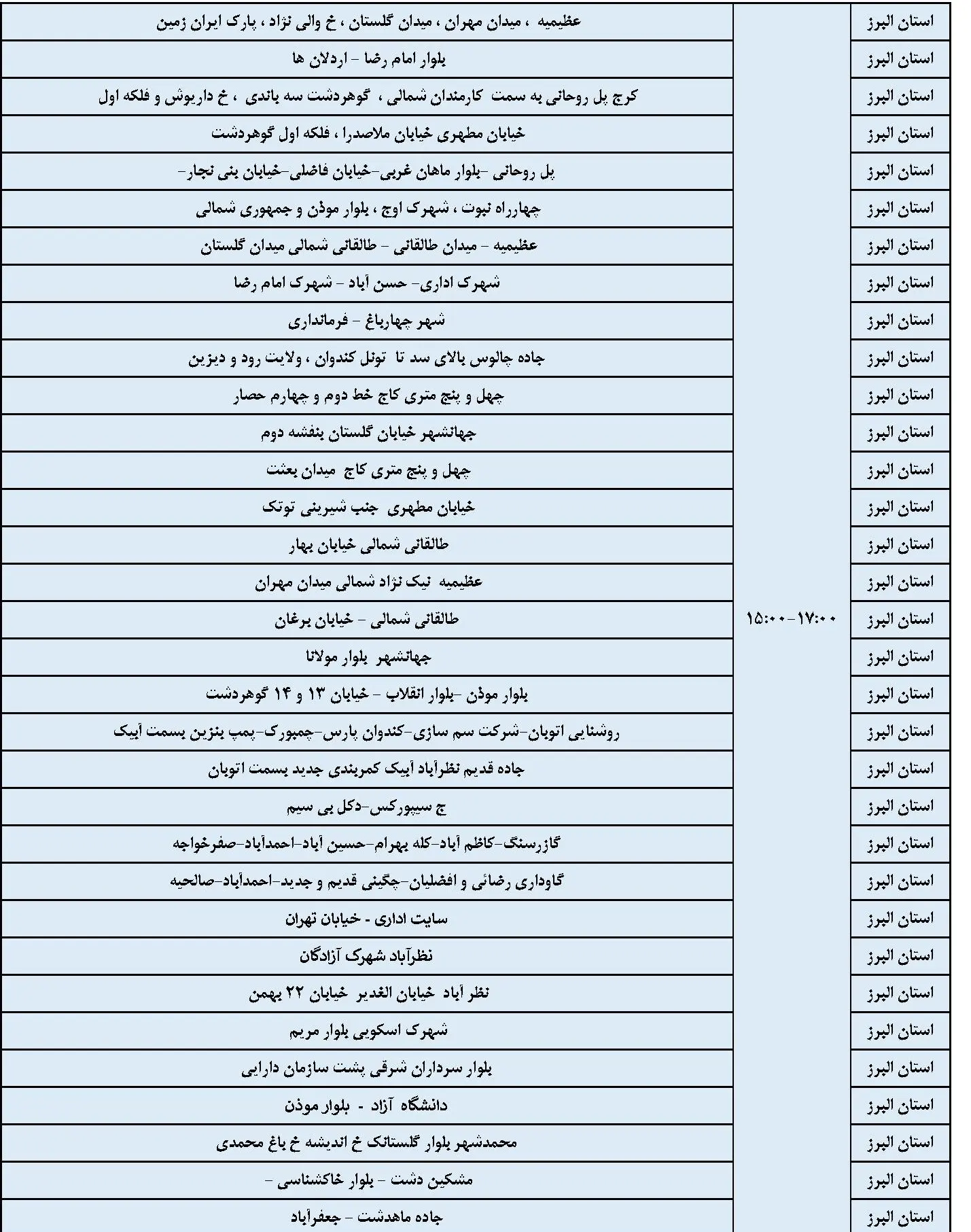 جدول خاموشی برق البرز و برنامه قطعی برق کرج (4)