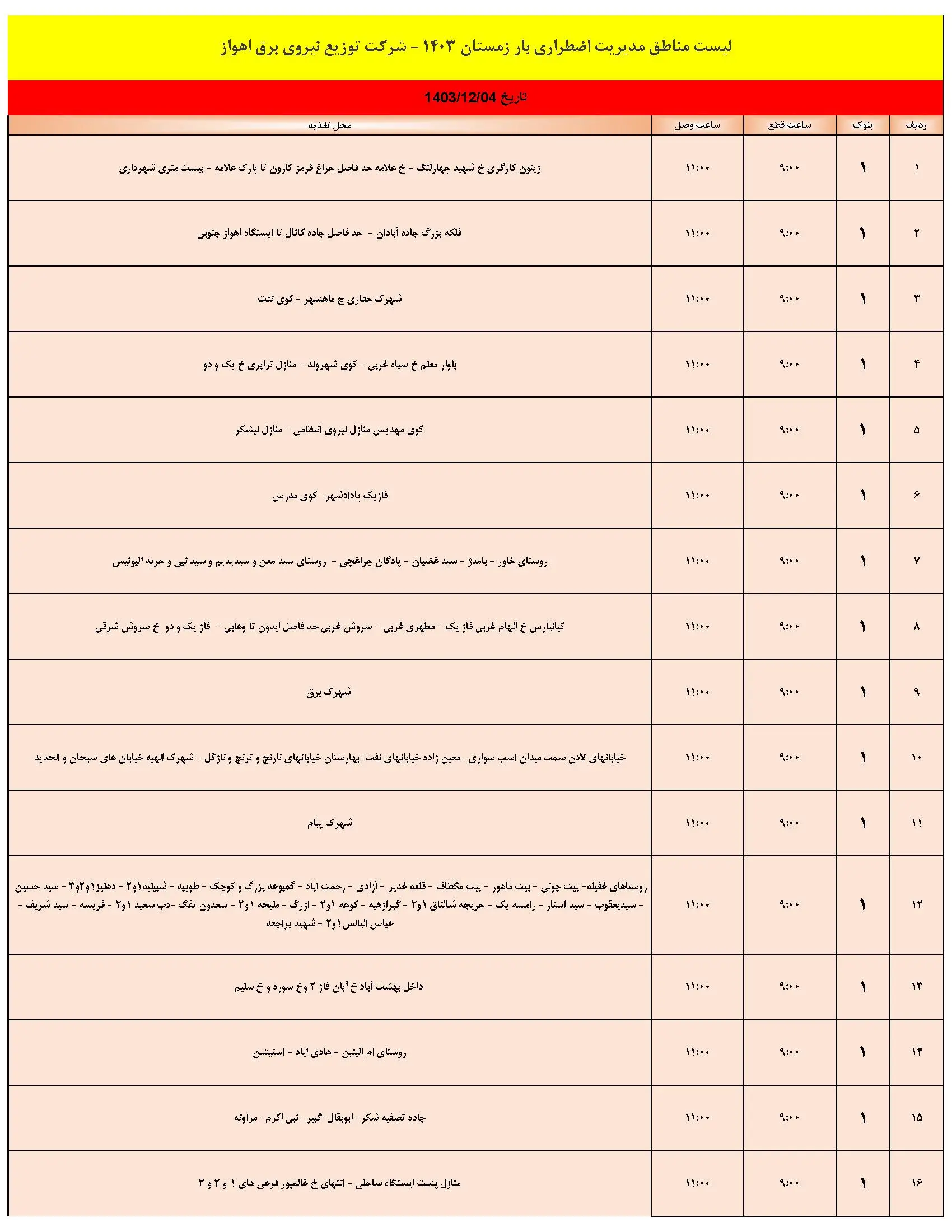 برنامه قطعی برق اهواز شنبه 4 اسفند1403 و جدول خاموشی برق اهواز (1)