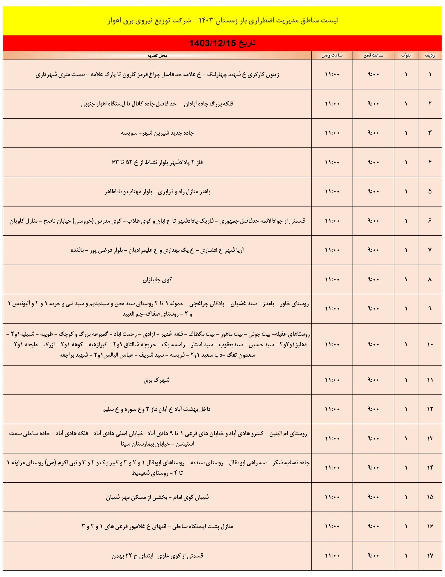 زمان قطعی برق اهواز15اسفند1403+جدول خاموشی برق اهواز و خوزستان15اسفند1403 (1)