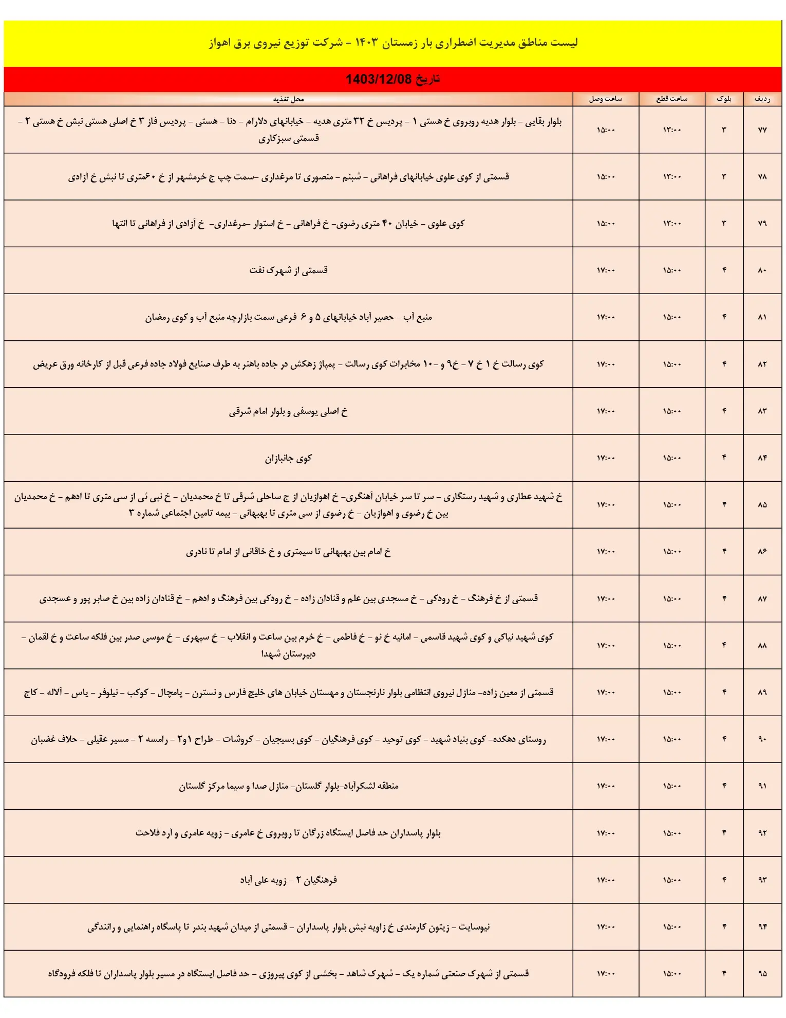 جدول خاموشی برق اهواز و زمان قطعی برق خوزستان 8اسفند1403 (5)