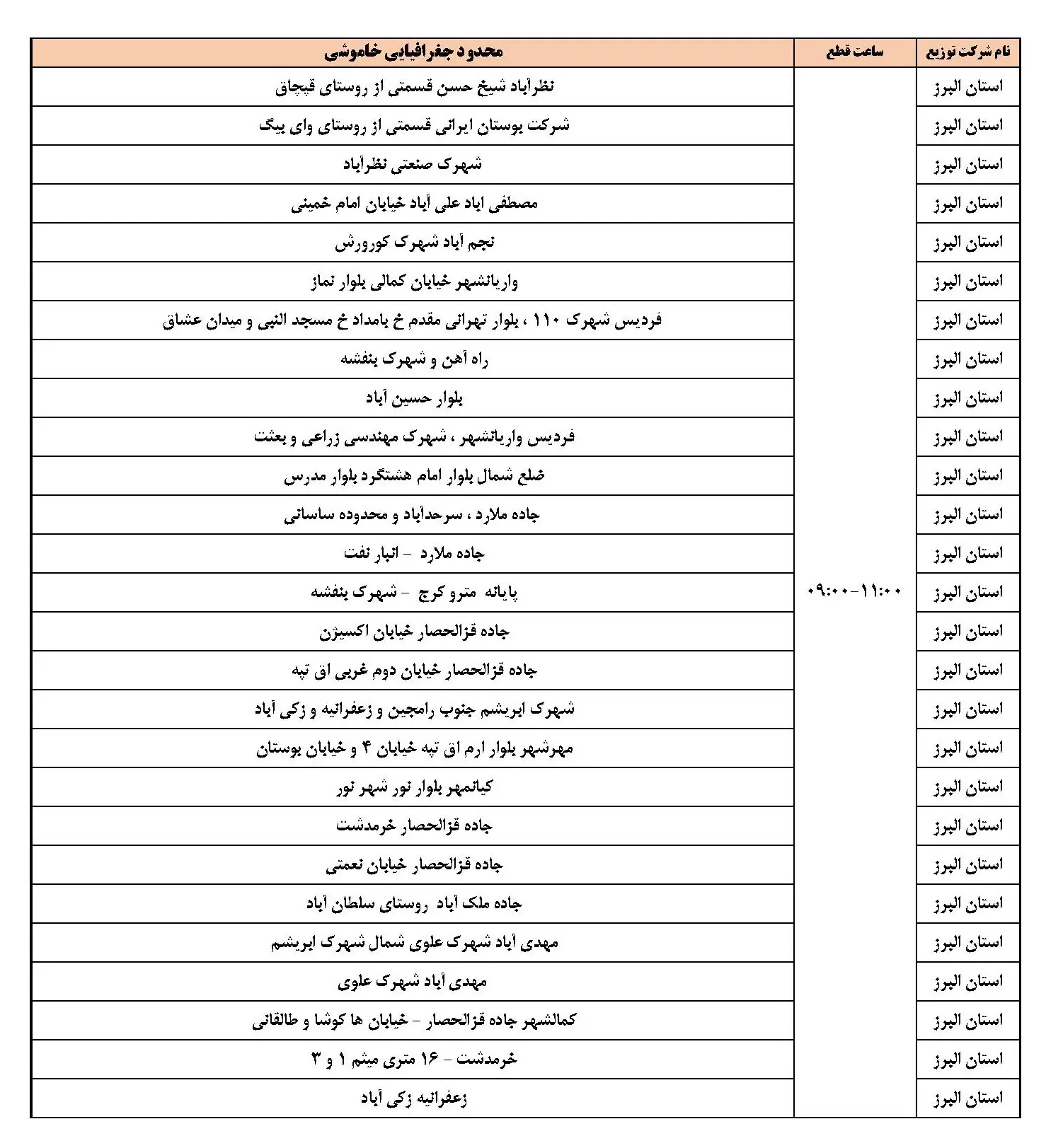 جدول خاموشی برق البرز فردا چهارشنبه 24 بهمن ماه 1403 (1)