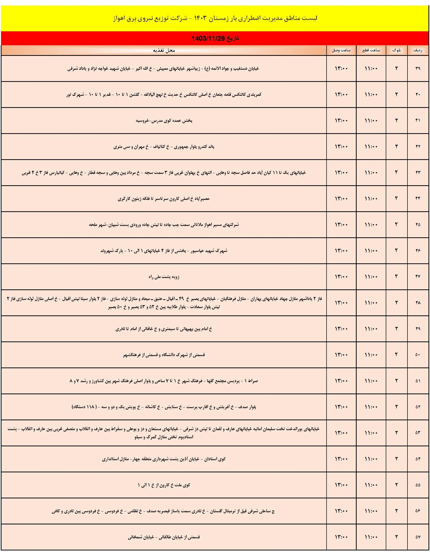 برنامه قطعی برق و جدول خاموشی برق اهواز دوشنبه 29 بهمن 1403 (3)