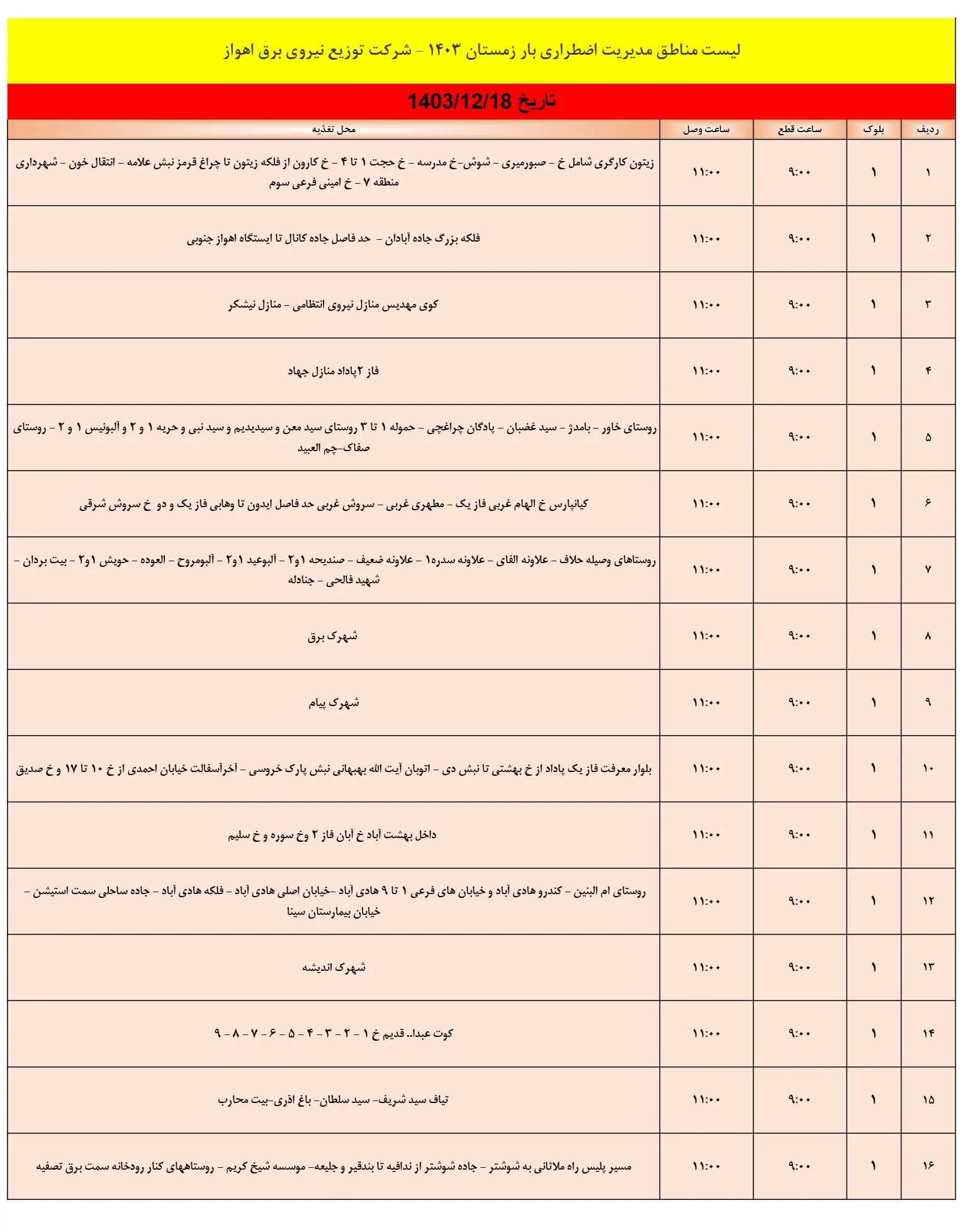 جدول خاموشی برق اهواز و زمان قطعی برق خوزستان شنبه18اسفند1403 (1)