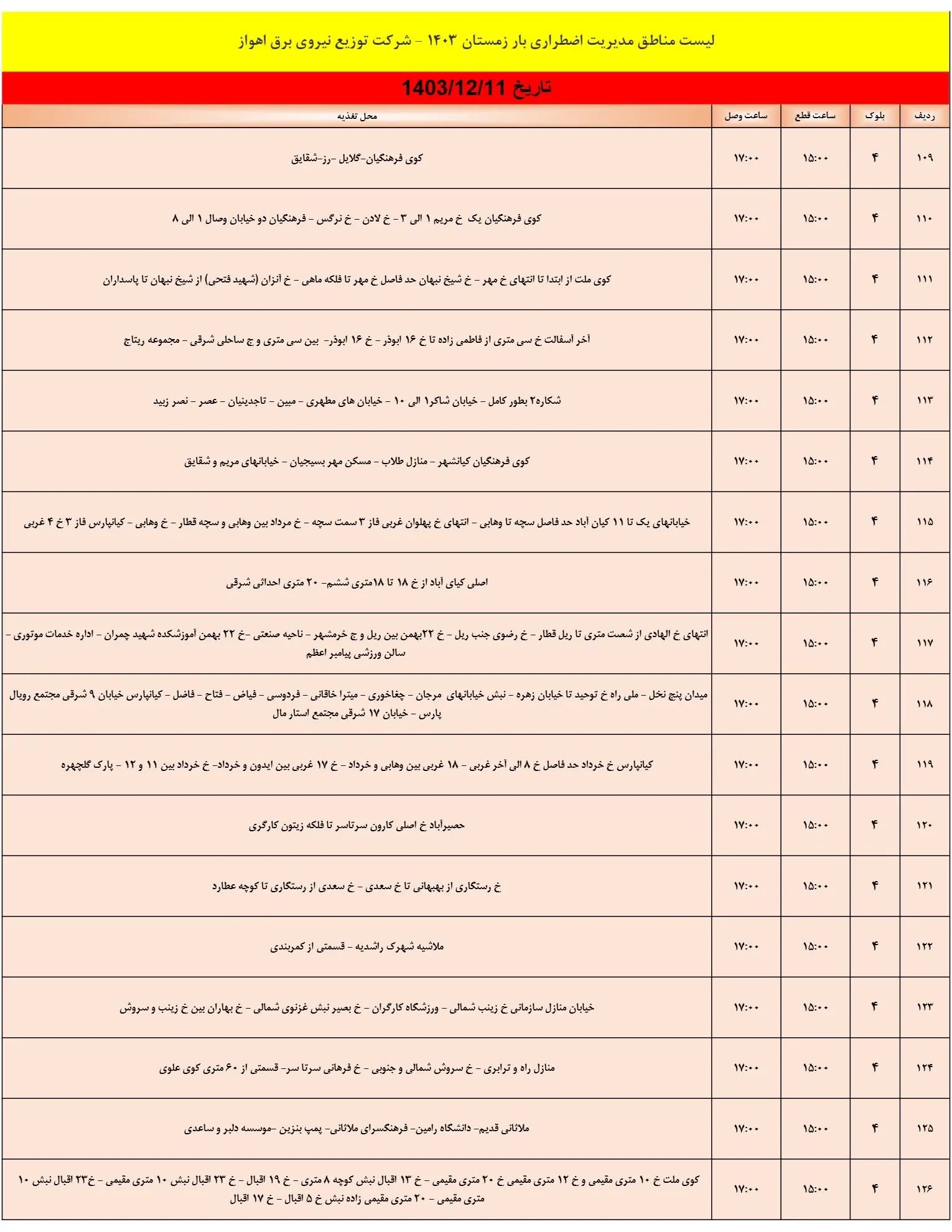 زمان قطعی برق اهواز11اسفند1403+جدول خاموشی برق خوزستان (7)