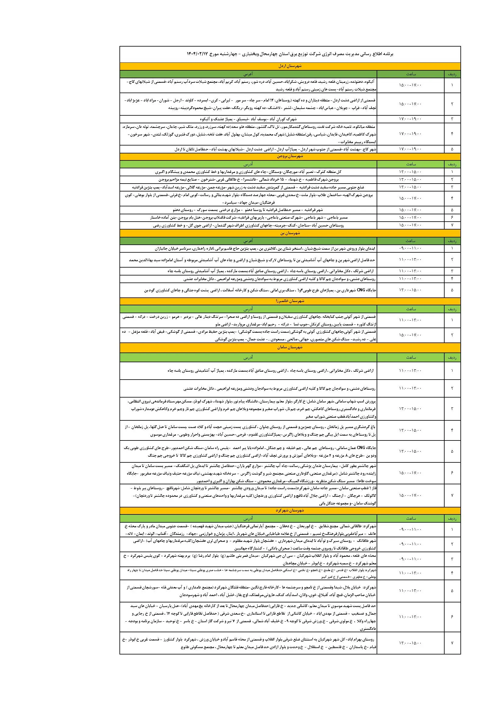 جدول خاموشی استان چهارمحال و بختیاری چهارشنبه ۱۷ اردیبهشت ۱۴۰۴