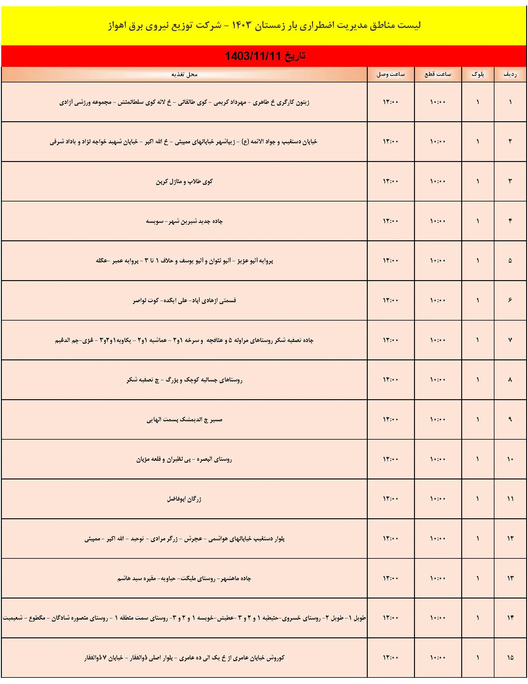 جدول خاموشی برق اهواز و قطعی برق اهواز (1)