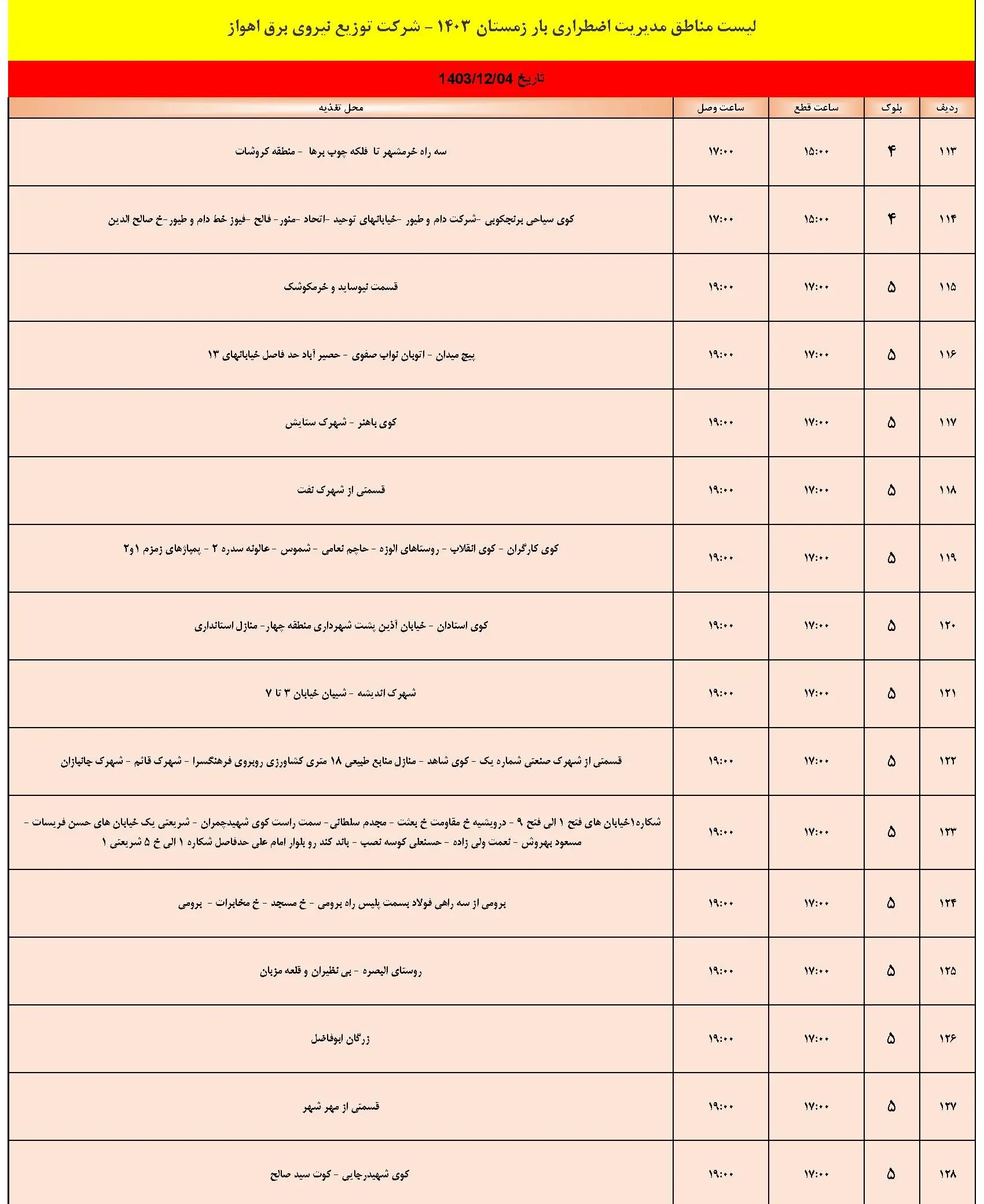 برنامه قطعی برق اهواز شنبه 4 اسفند1403 و جدول خاموشی برق اهواز (8)