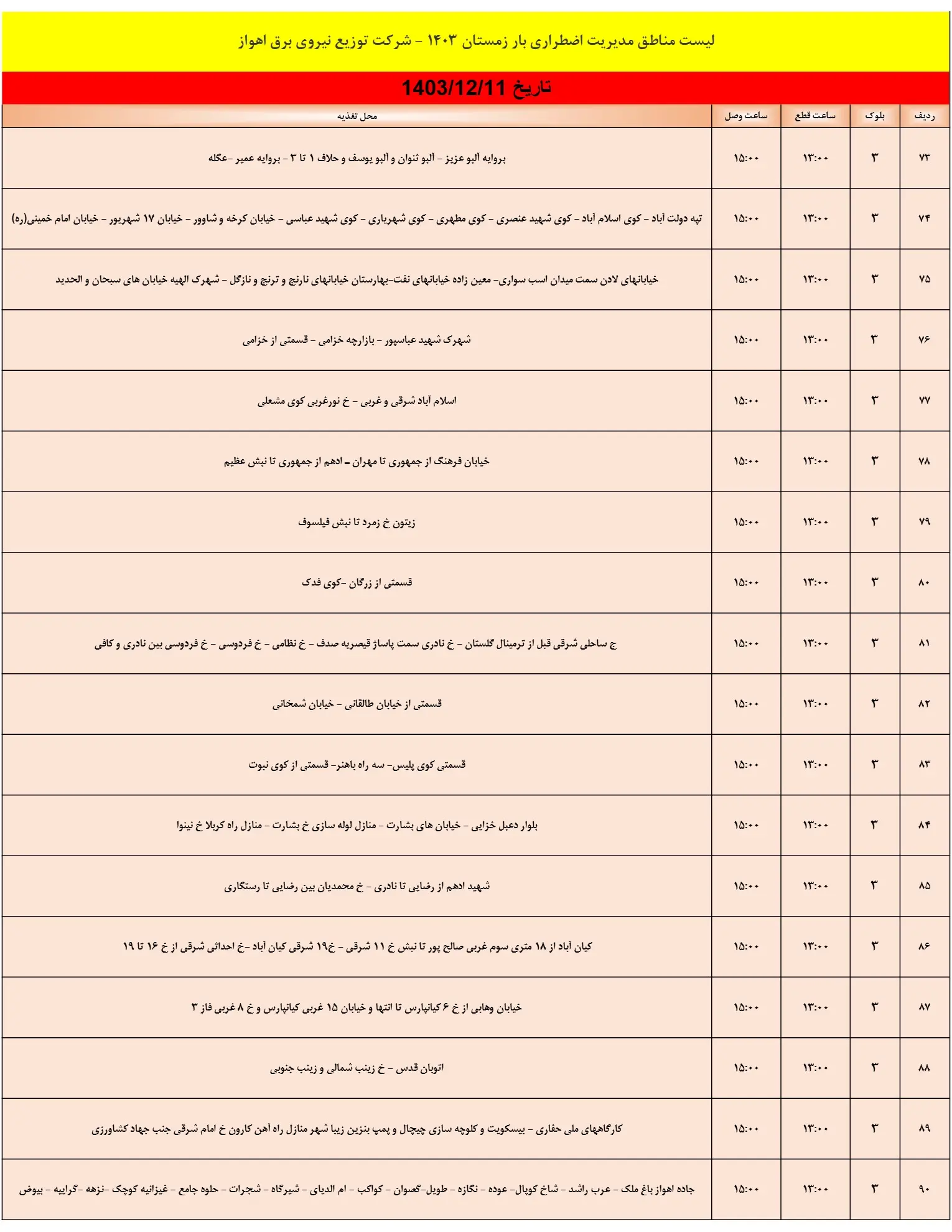 زمان قطعی برق اهواز11اسفند1403+جدول خاموشی برق خوزستان (5)