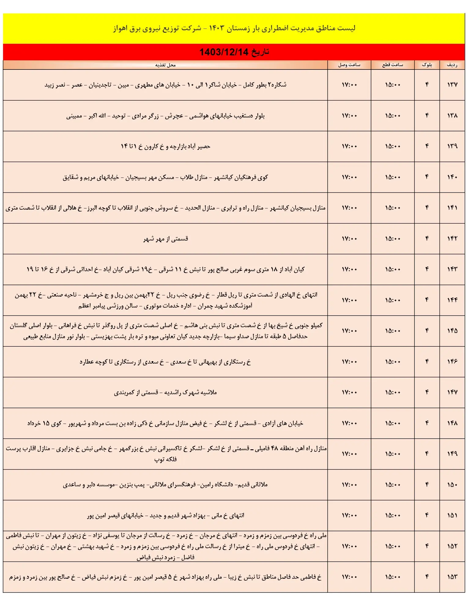 زمان قطعی برق اهواز14اسفند+جدول خاموشی برق خوزستان 14اسفند1403 (9)