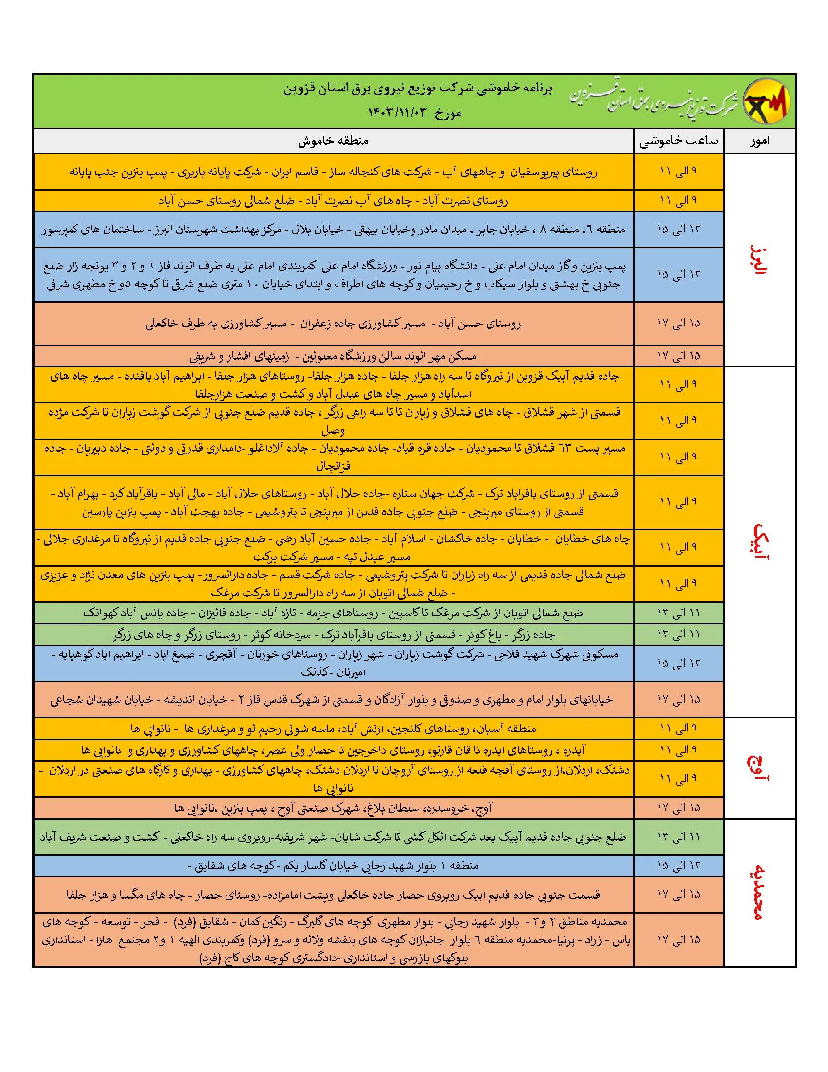 برنامه قطعی برق قزوین و جدول خاموشی برق (1)