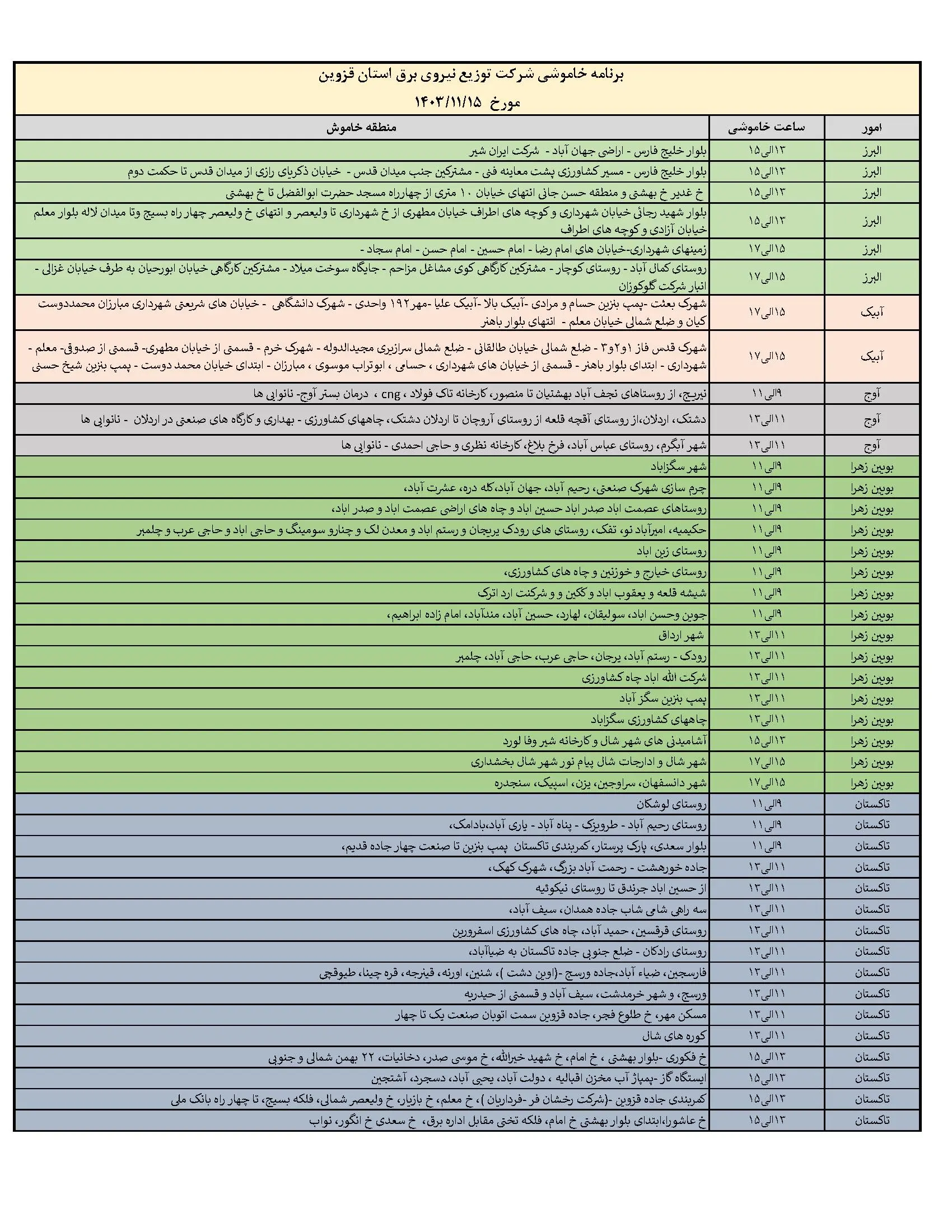 برنامه قطعی برق قزوین و جدول خاموشی برق قزوین (1)