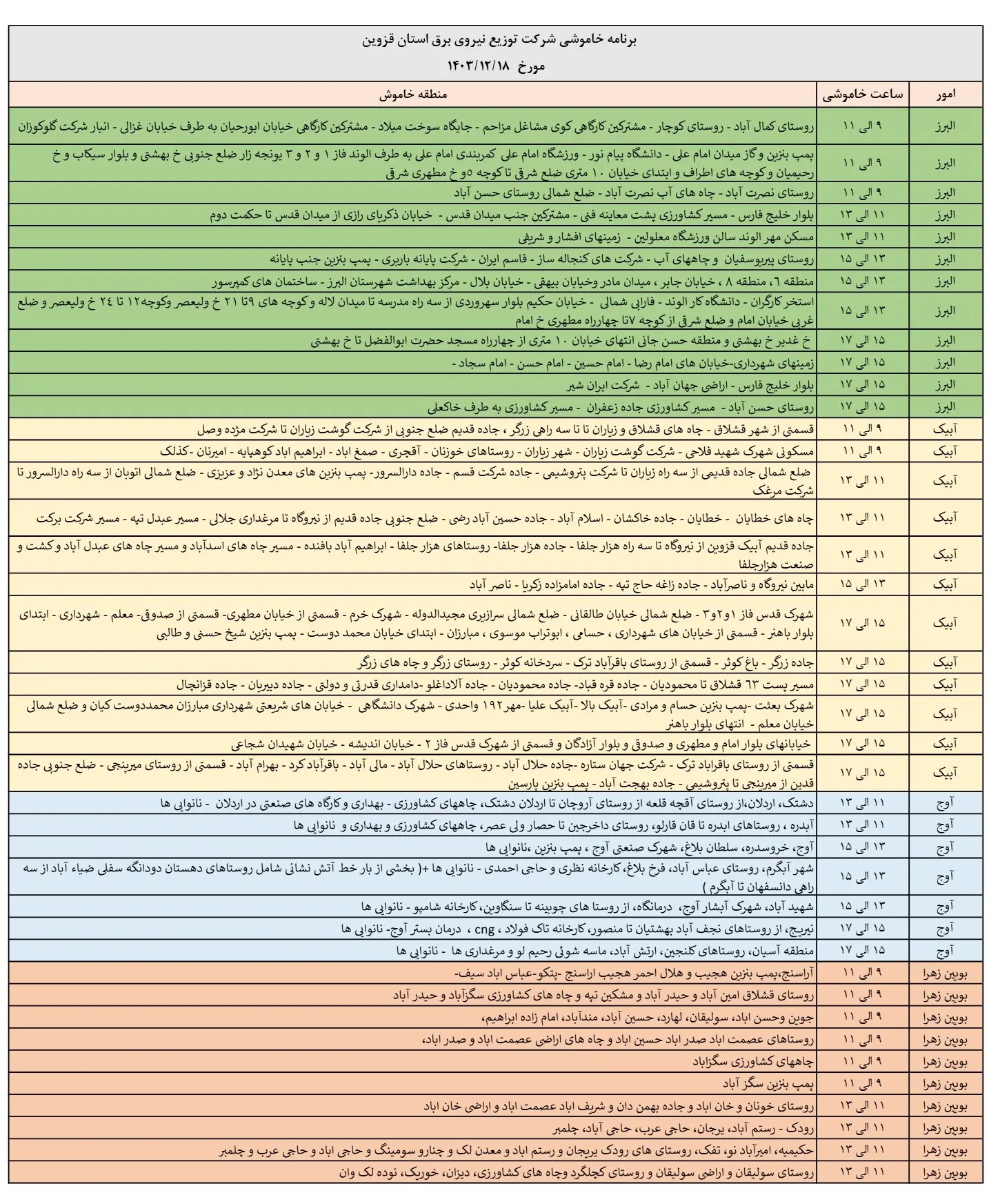 جدول خاموشی برق قزوین و زمان قطعی اسفندبرق قزوین (1)