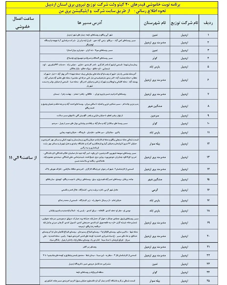 جدول خاموشی برق اردبیل و برنامه قطعی برق اردبیل سه شنبه 30 بهمن 1403 (1)