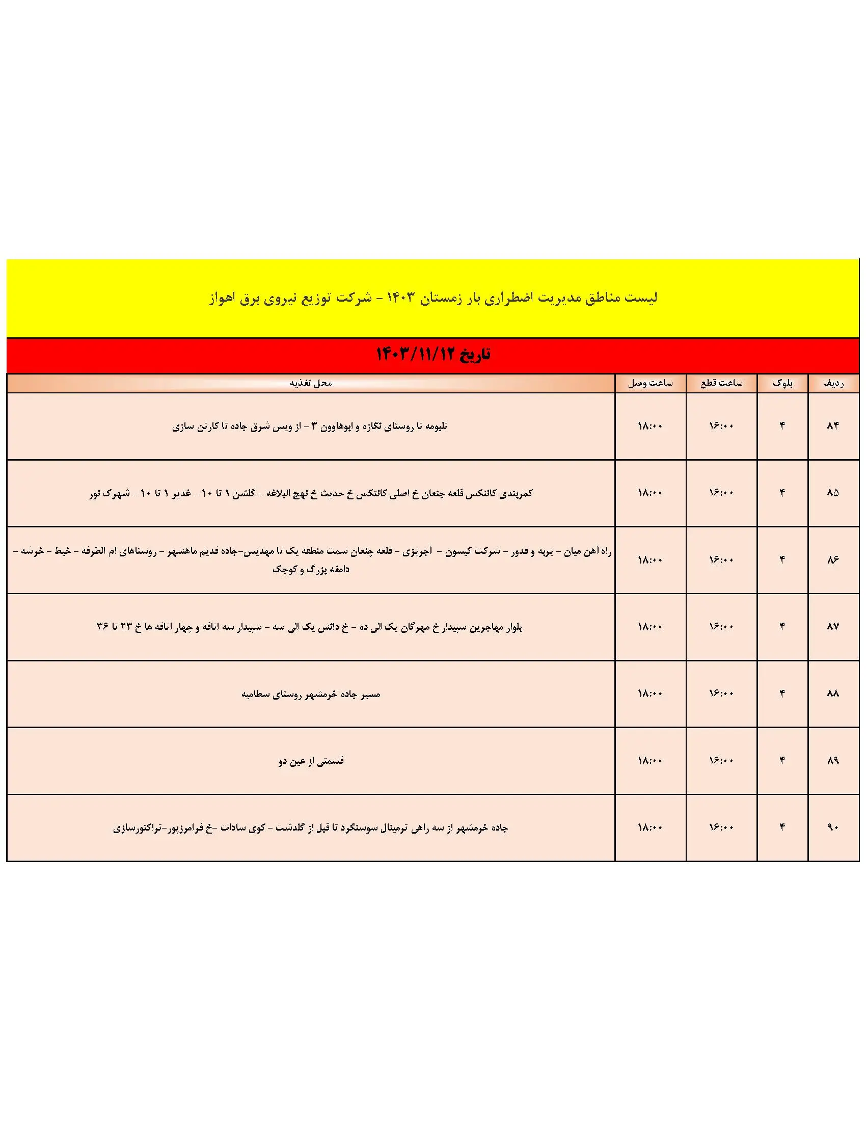 جدول خاموشی برق اهواز و قطعی برق خوزستان جمعه 12 بهمن ماه 1403 (7)