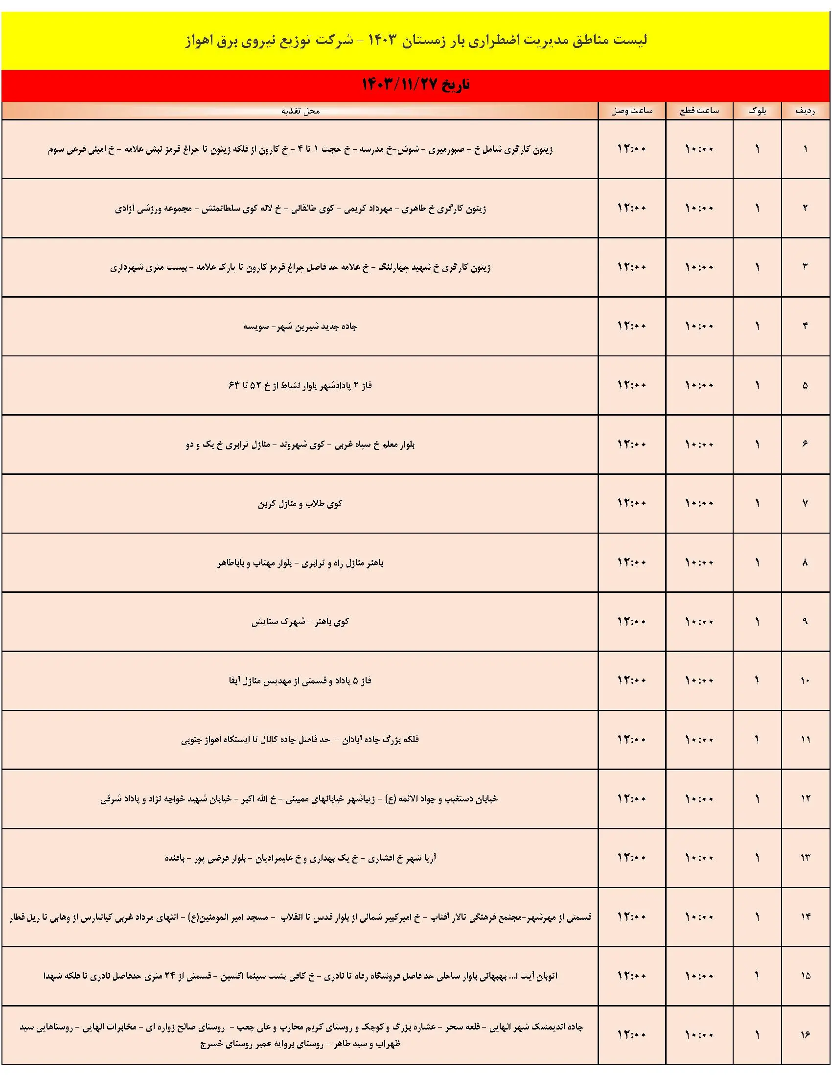 جدول خاموشی برق اهواز و برنامه قطعی برق شنبه 27 بهمن 1403 (1)