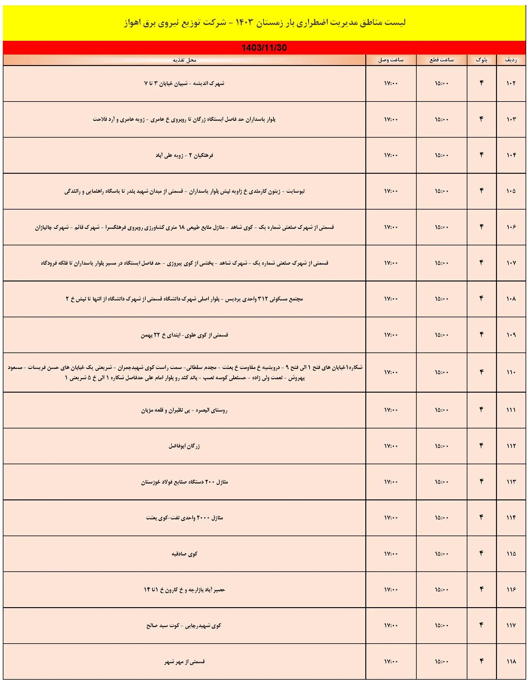 برنامه قطعی برق اهواز و جدول خاموشی برق اهواز سه شنبه 30 بهمن 1403 (8)