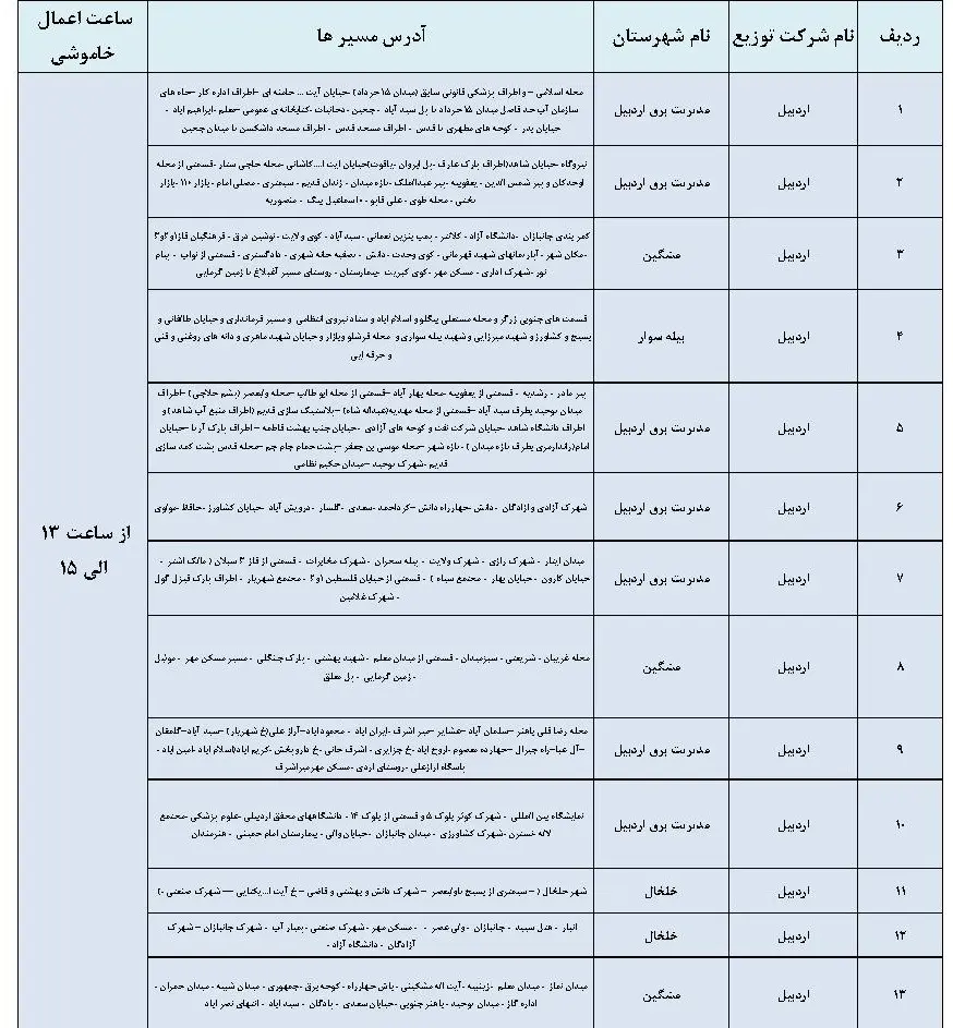 برنامه قطعی برق و جدول خاموشی برق اردبیل امروز دوشنبه 29 بهمن 1403 (3)