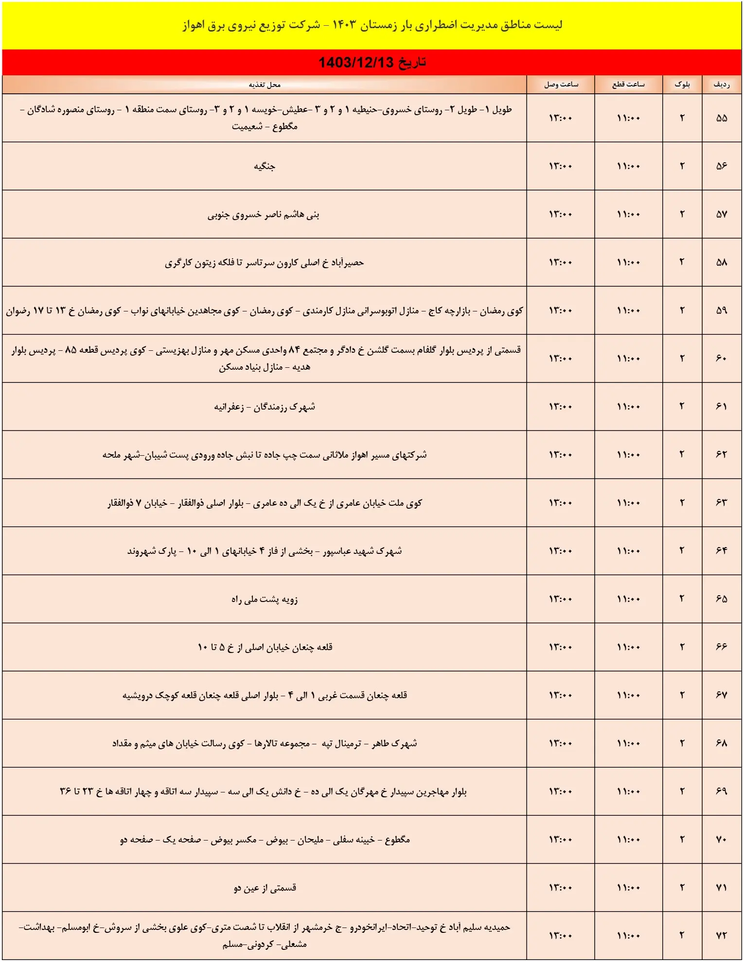 زمان قطعی برق اهواز13اسفند1403+جدول خاموشی برق خوزستان13اسفند1403 (5)