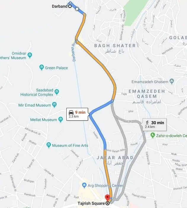 مسیر دسترسی به دربند با اتوبوس، مترو و خودروی شخصی