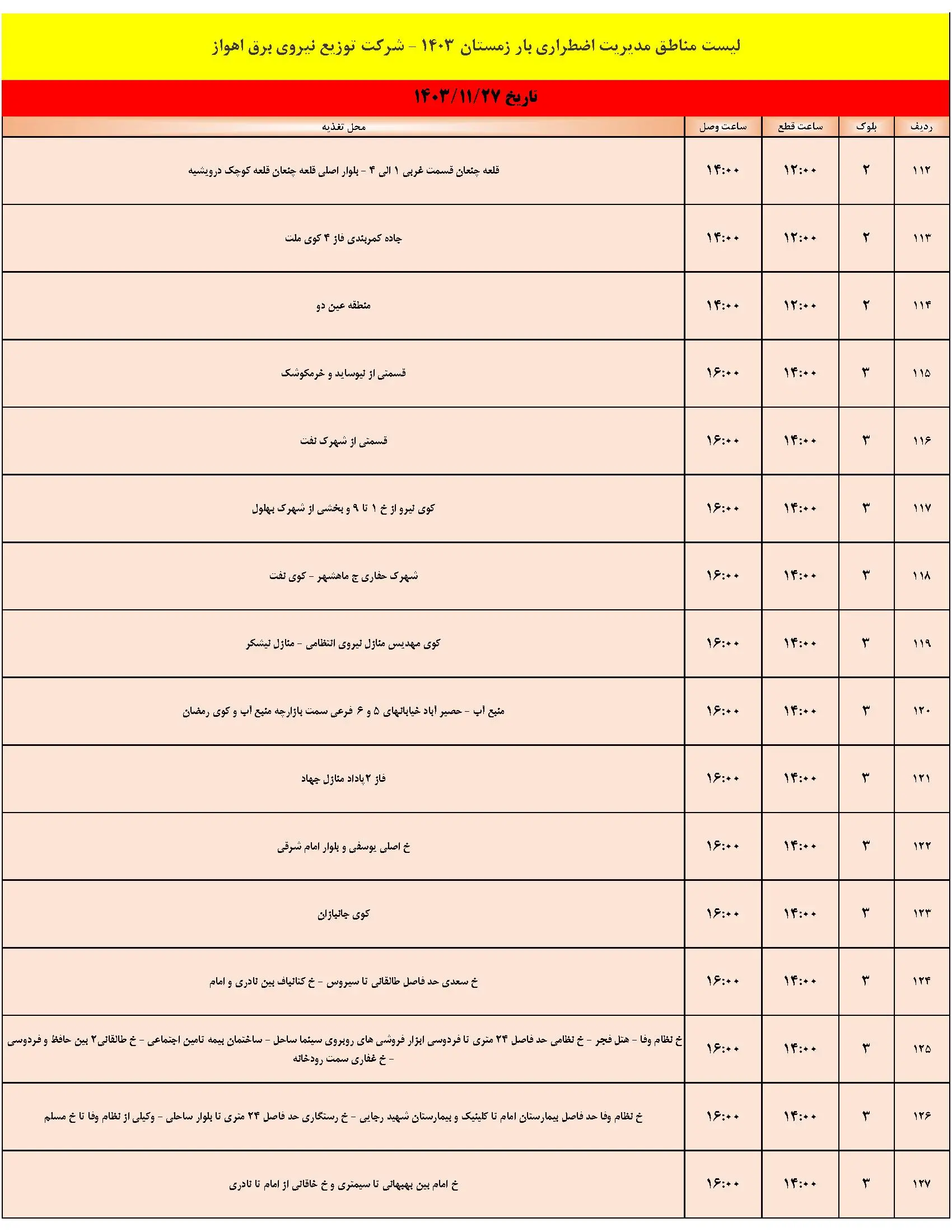 جدول خاموشی برق اهواز و برنامه قطعی برق شنبه 27 بهمن 1403 (8)