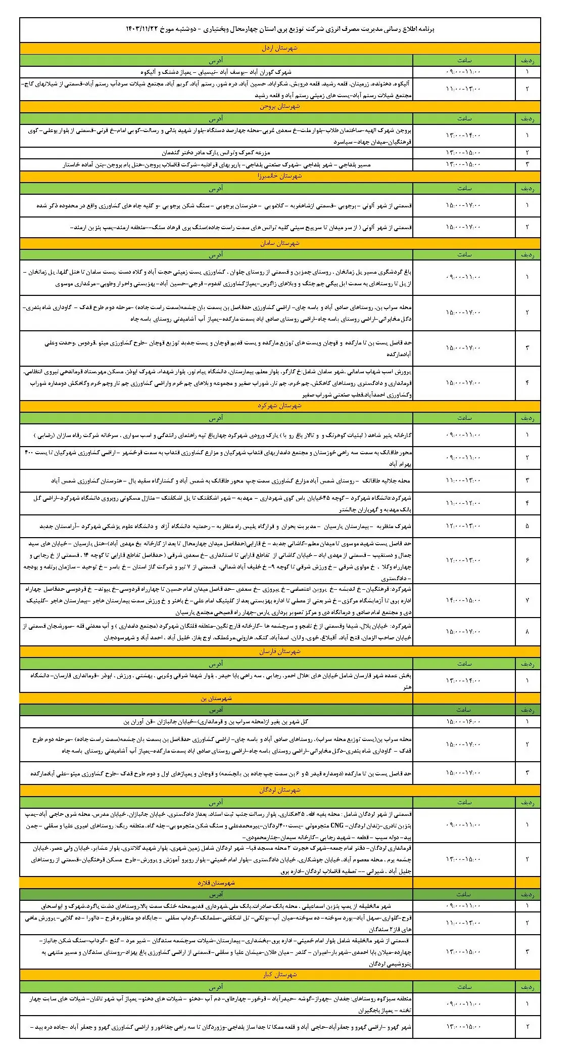 جدول خاموشی برق و برنامه قطعی برق چهار محال و بختیاری