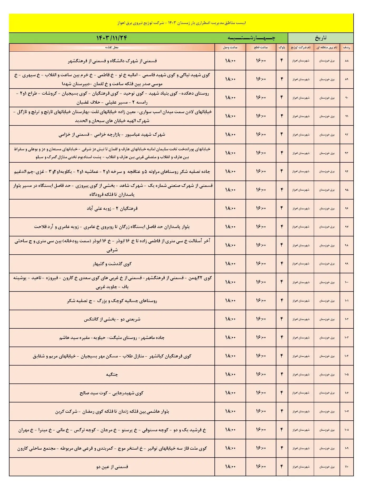 جدول خاموشی برق اهواز و برنامه قطعی برق اهواز چهارشنبه 24 بهمن 1403 (4)