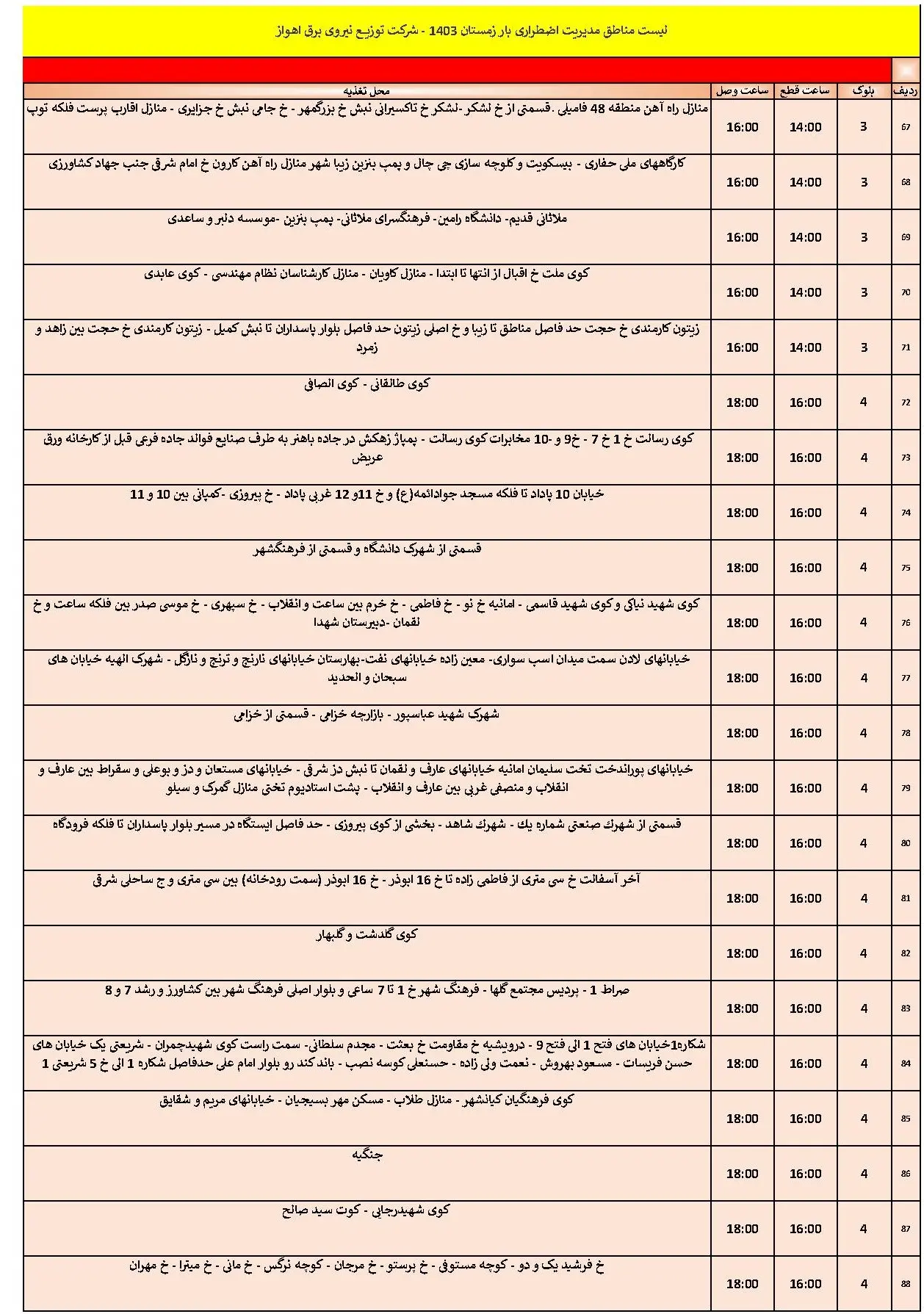 جدول خاموشی برق اهواز و زمان قطعی برق اهواز شنبه 20 بهمن 1403 (4)