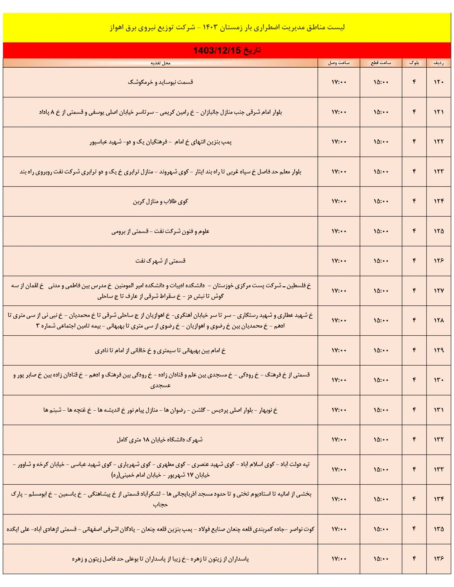 زمان قطعی برق اهواز15اسفند1403+جدول خاموشی برق اهواز و خوزستان15اسفند1403 (8)